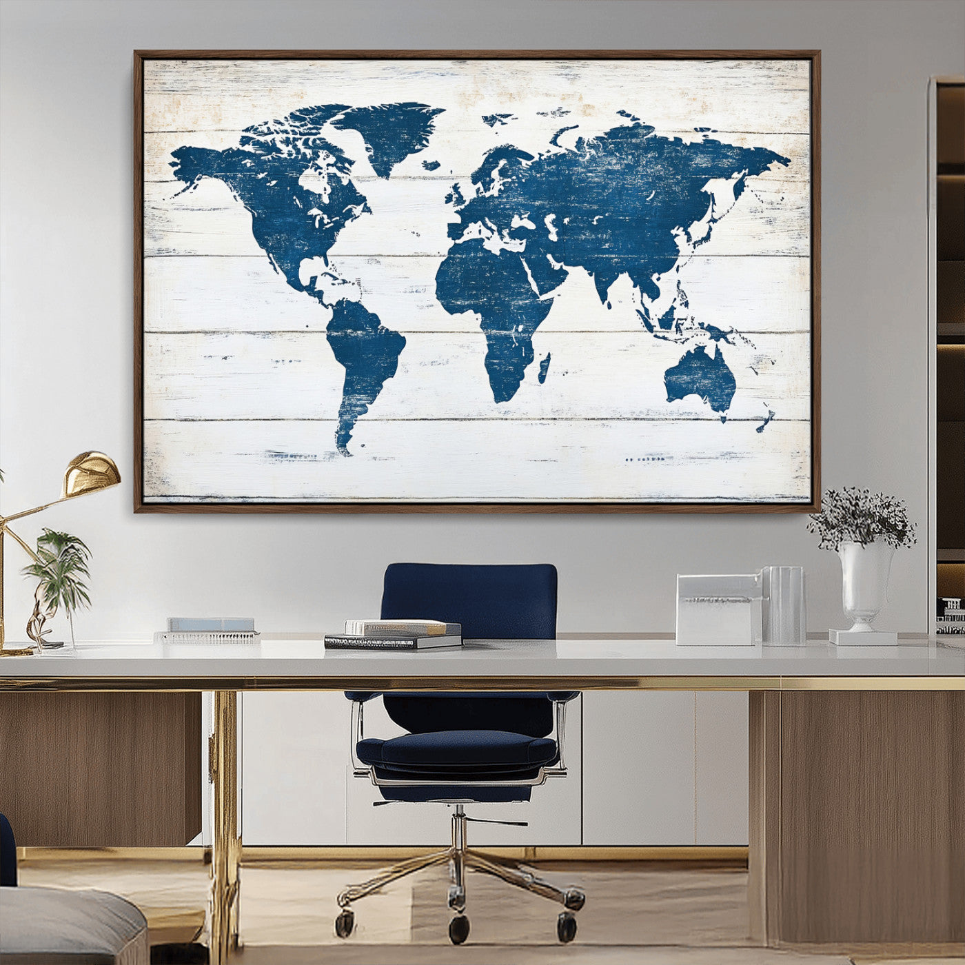 54107201-MGV-CV-36X24-World Map Wall Art Canvas Print, Framed Rustic Atlas Art Picture Print, Wooden Map Perfect Vintage Decor Artwork for Home, Living