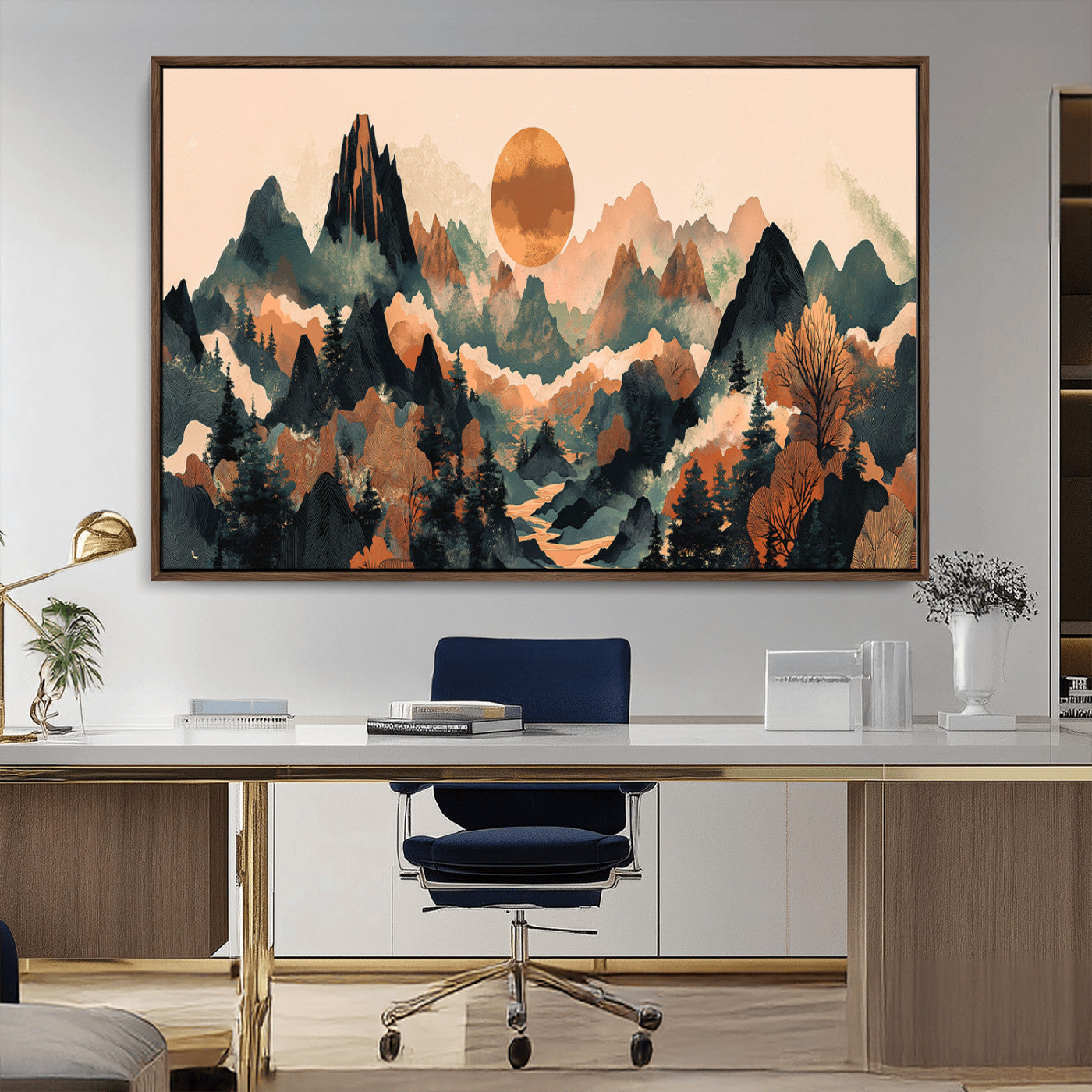 13012770-MGV-CV-36X24-Mountain Landscape Wall Art – Modern Nature Canvas Print with Sun, Misty Peaks, and Forest in Orange and Green Tones for Living