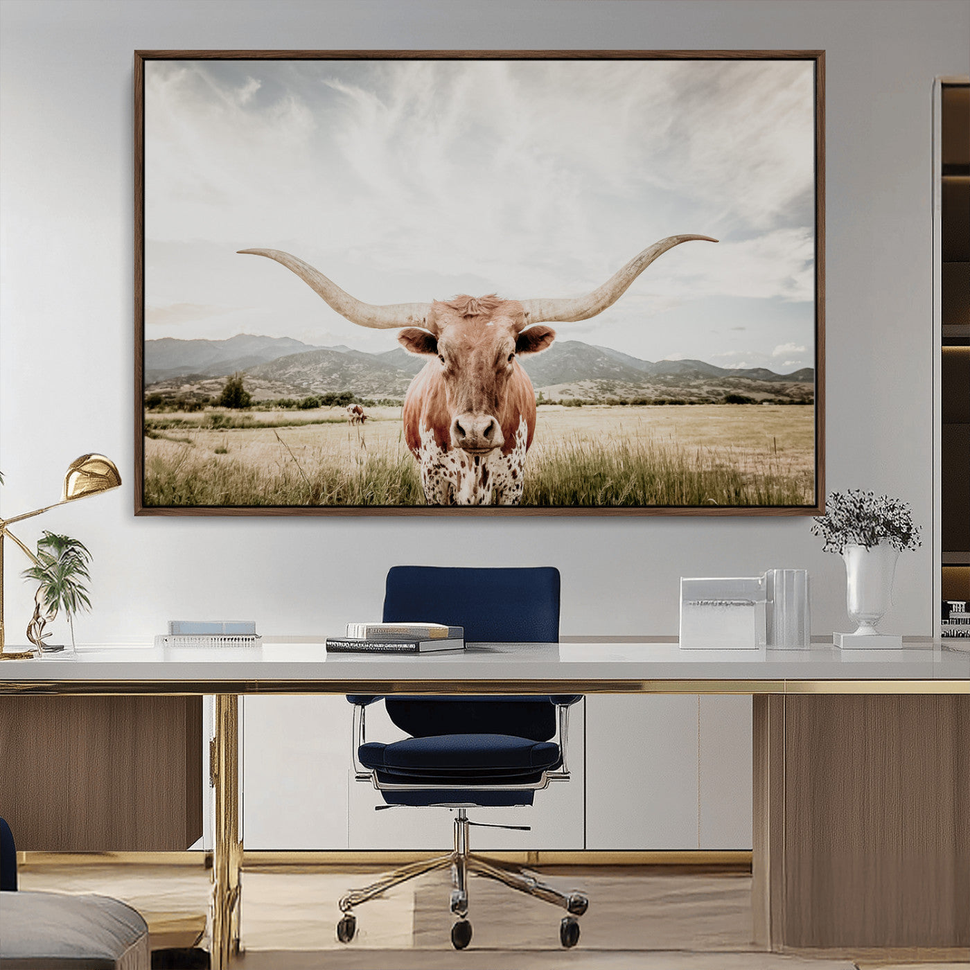 80054319-MGV-CV-36X24-Longhorn Wall Art – Rustic Western Canvas Print, Majestic Bull Artwork for Farmhouse, Ranch or Living Room