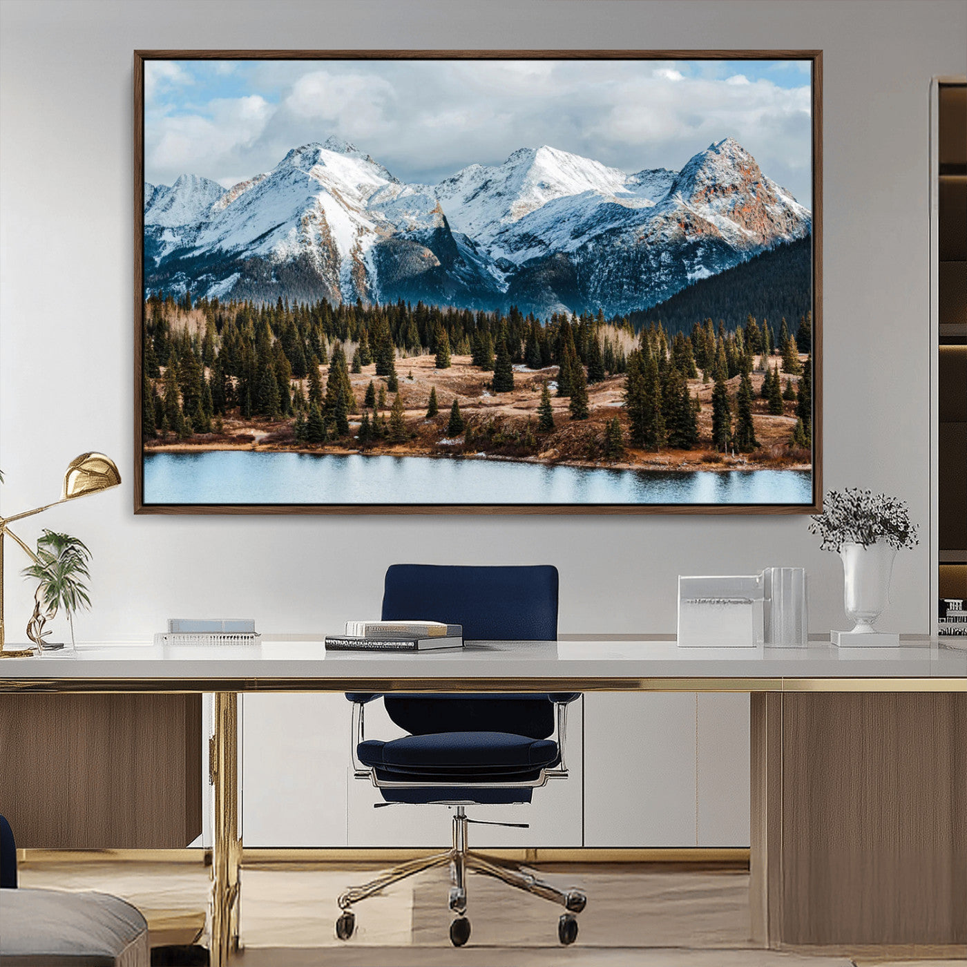 36247746-MGV-CV-36X24-Snowy Peaks Wall Art Canvas Print, Framed Alpine Lake Art Picture Print, Pine Forest Perfect Alpine Wilderness Decor Artwork