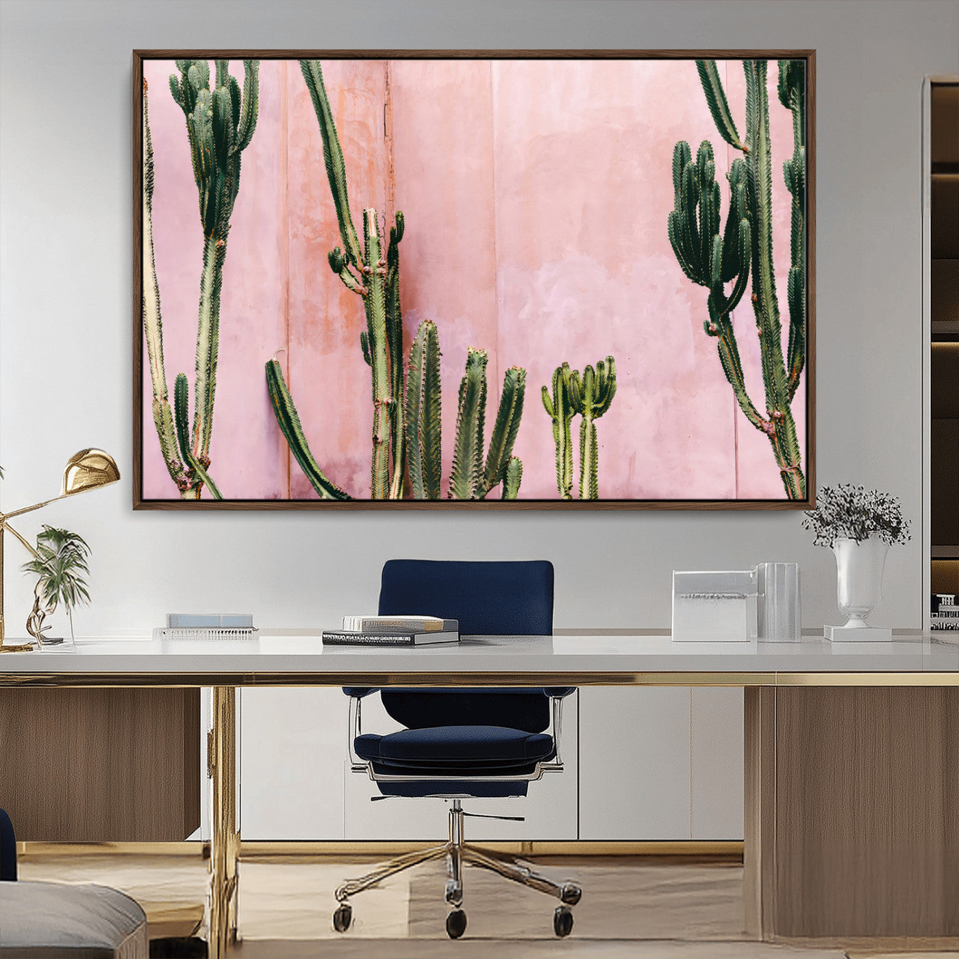 93119502-MGV-CV-36X24-Tall Cactus Wall Art Canvas Print, Framed Pink Wall Art Picture Print, Cactus Lines Perfect Modern Desert Decor Artwork