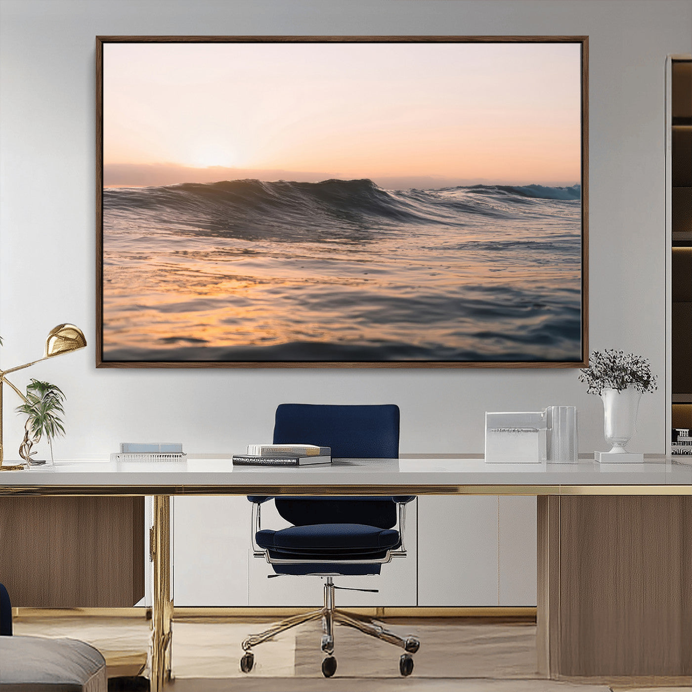 46299358-MGV-CV-36X24-Sunset Waves Wall Art Canvas Print, Framed Ocean Horizon Art Picture Print, Golden Water Perfect Golden Hour Coastal Decor Artwork