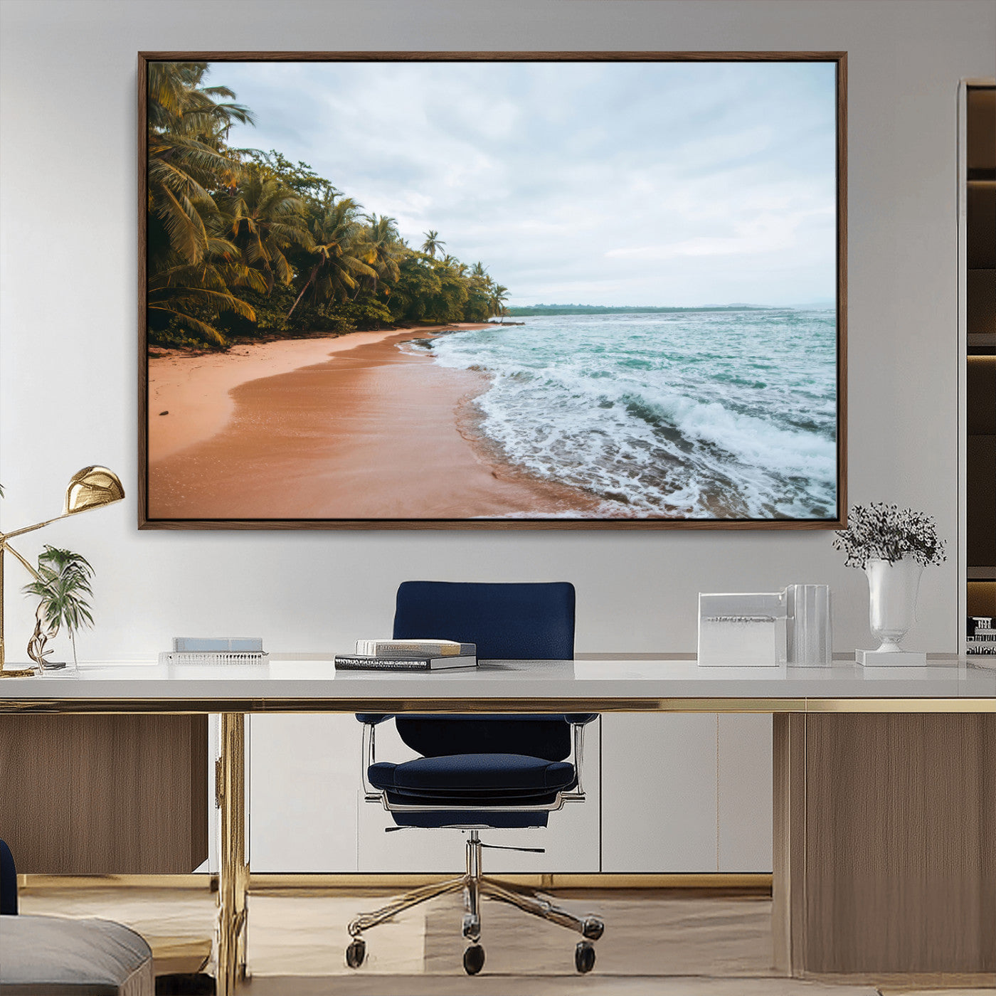 88125882-MGV-CV-36X24-Tropical Shoreline Wall Art Canvas Print, Framed Palm Trees Art Picture Print, Tropical Ocean Perfect Tropical Coastal Decor