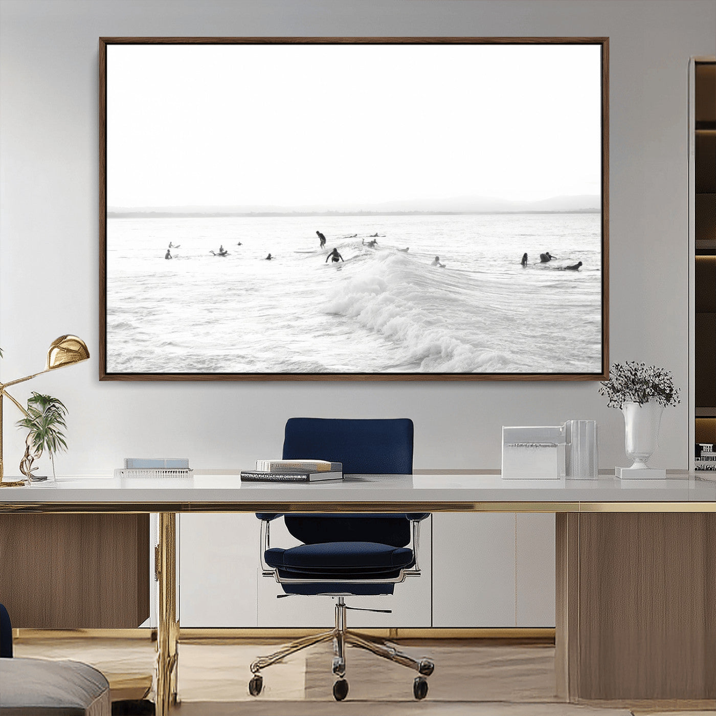 33449548-MGV-CV-36X24-Group Surfers Wall Art Canvas Print, Framed Ocean Wave Art Picture Print, Surf Crowd Perfect Monochrome Surf Decor Artwork