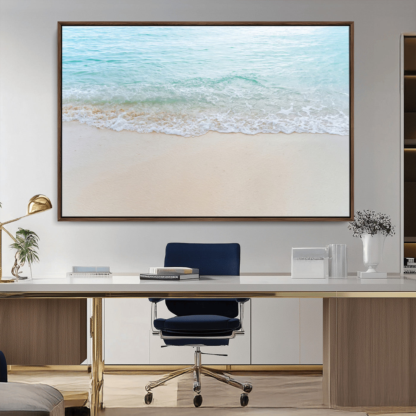 77194056-MGV-CV-36X24-Soft Shoreline Wall Art Canvas Print, Framed Gentle Waves Art Picture Print, Clear Water Perfect Minimalist Coastal Decor Artwork