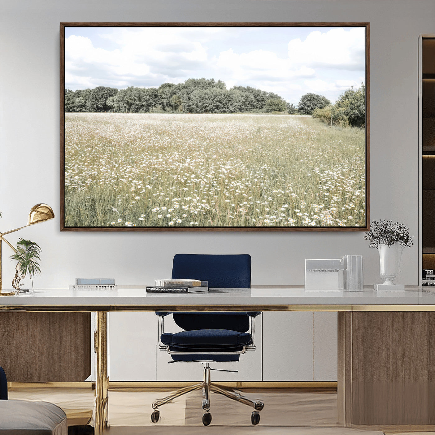 43258946-MGV-CV-36X24-Daisy Field Wall Art Canvas Print, Framed Pastel Flower Art Picture Print, Meadow Bloom Perfect Scandinavian Minimalist Decor