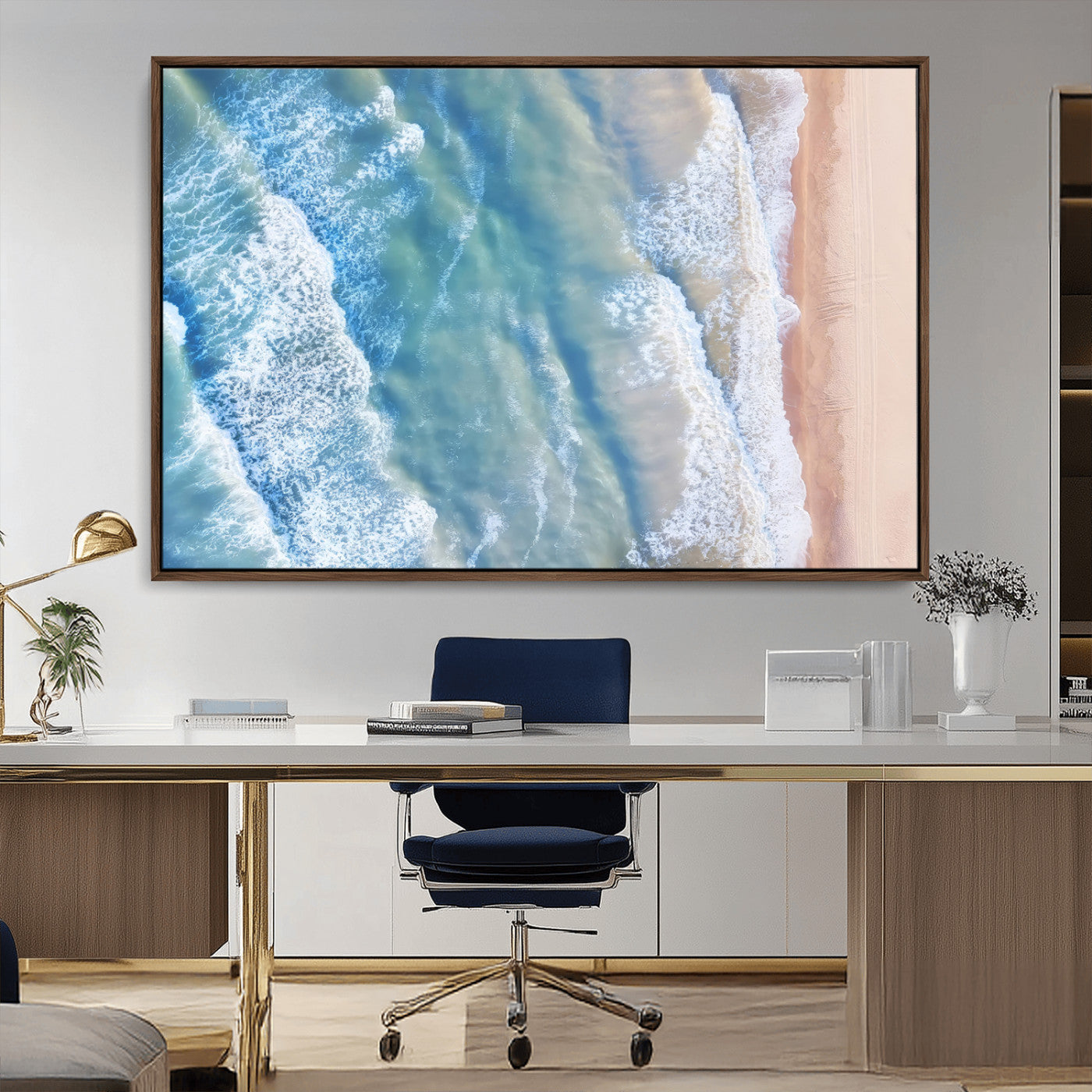 17641845-MGV-CV-36X24-Aerial Ocean Wall Art Canvas Print, Framed Blue Waves Art Picture Print, Sandy Shoreline Perfect Modern Coastal Decor Artwork