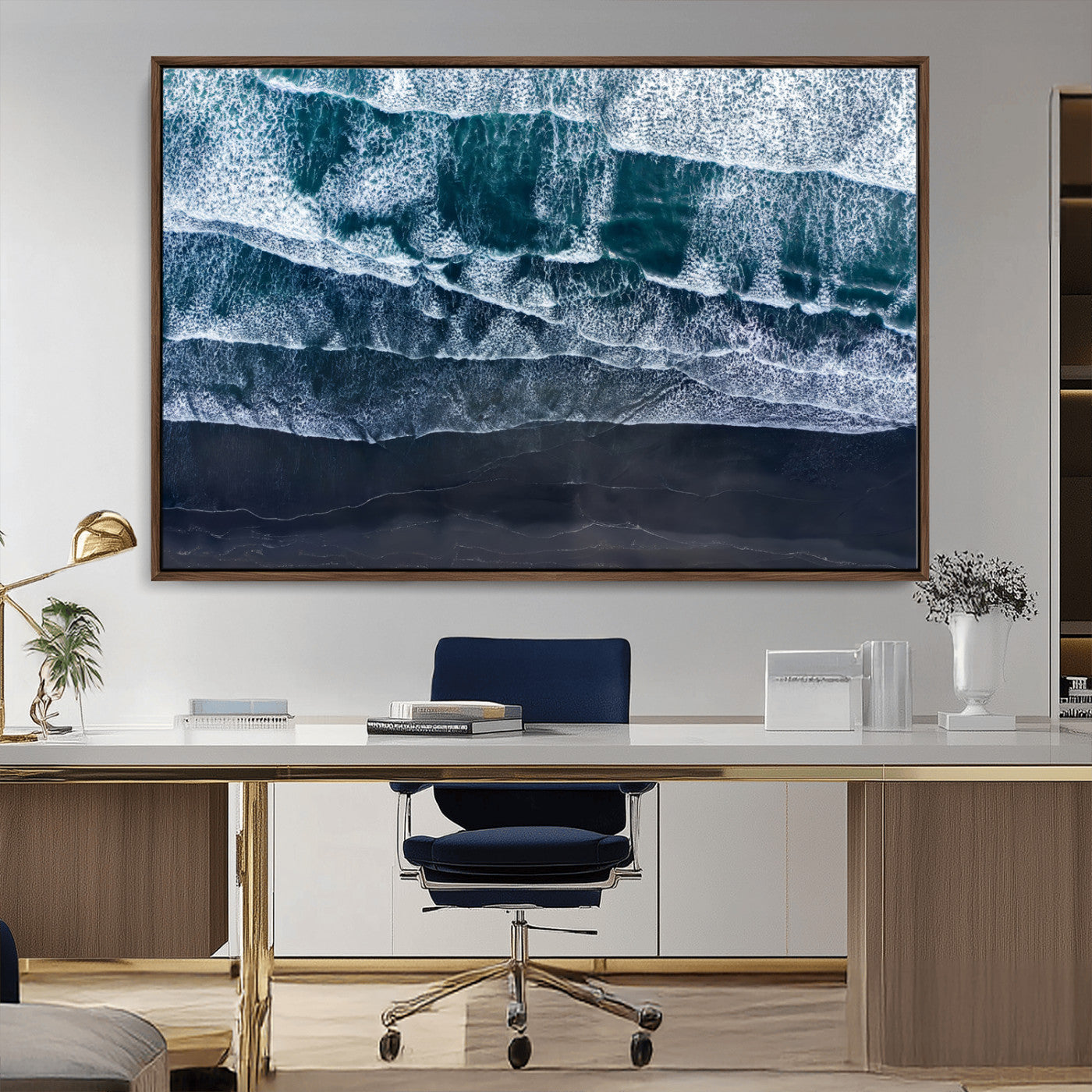 87941475-MGV-CV-36X24-Black Beach Wall Art Canvas Print, Framed Aerial Ocean Art Picture Print, Moody Coastal Perfect Modern Coastal Decor Artwork