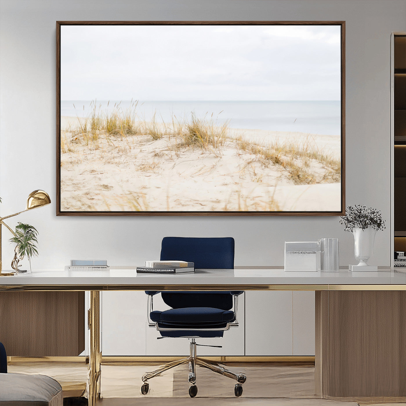 13146857-MGV-CV-36X24-Beach Dunes Wall Art Canvas Print, Framed Soft Horizon Art Picture Print, Coastal Grass Perfect Minimalist Coastal Decor Artwork