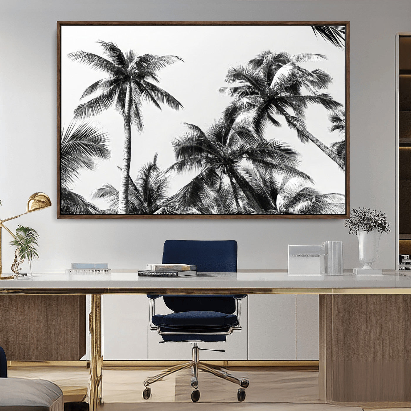 46641801-MGV-CV-36X24-Palm Tree Wall Art Canvas Print, Framed Black White Tropics Art Picture Print, Monochrome Palms Perfect Modern Tropical Minimalist