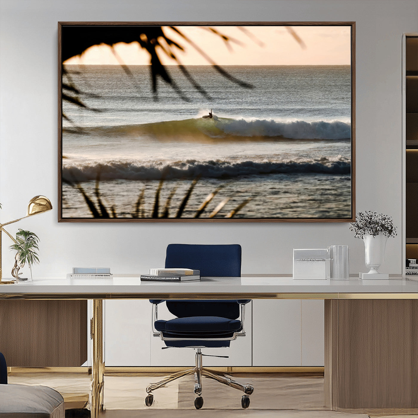 24896468-MGV-CV-36X24-Sunset Surf Wall Art Canvas Print, Framed Golden Waves Art Picture Print, Tropical Ocean Perfect Tropical Boho Decor Artwork