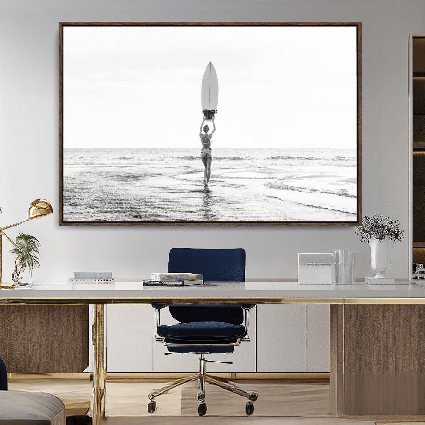 98446901-MGV-CV-36X24-Monochrome Surf Wall Art Canvas Print, Framed Minimalist Surfer Art Picture Print, Surfboard Silhouette Perfect Coastal Minimalist