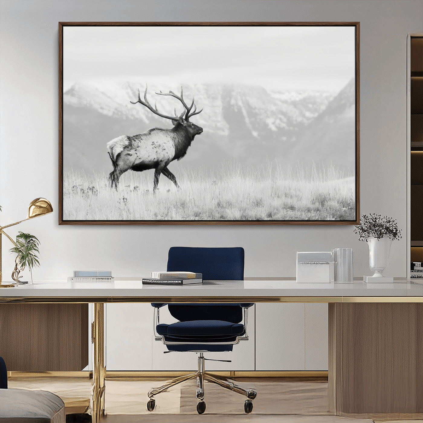 62278753-MGV-CV-36X24-Monochrome Elk Wall Art Canvas Print, Framed Mountain Wildlife Art Picture Print, Rustic Nature Perfect Rustic Minimalist Decor