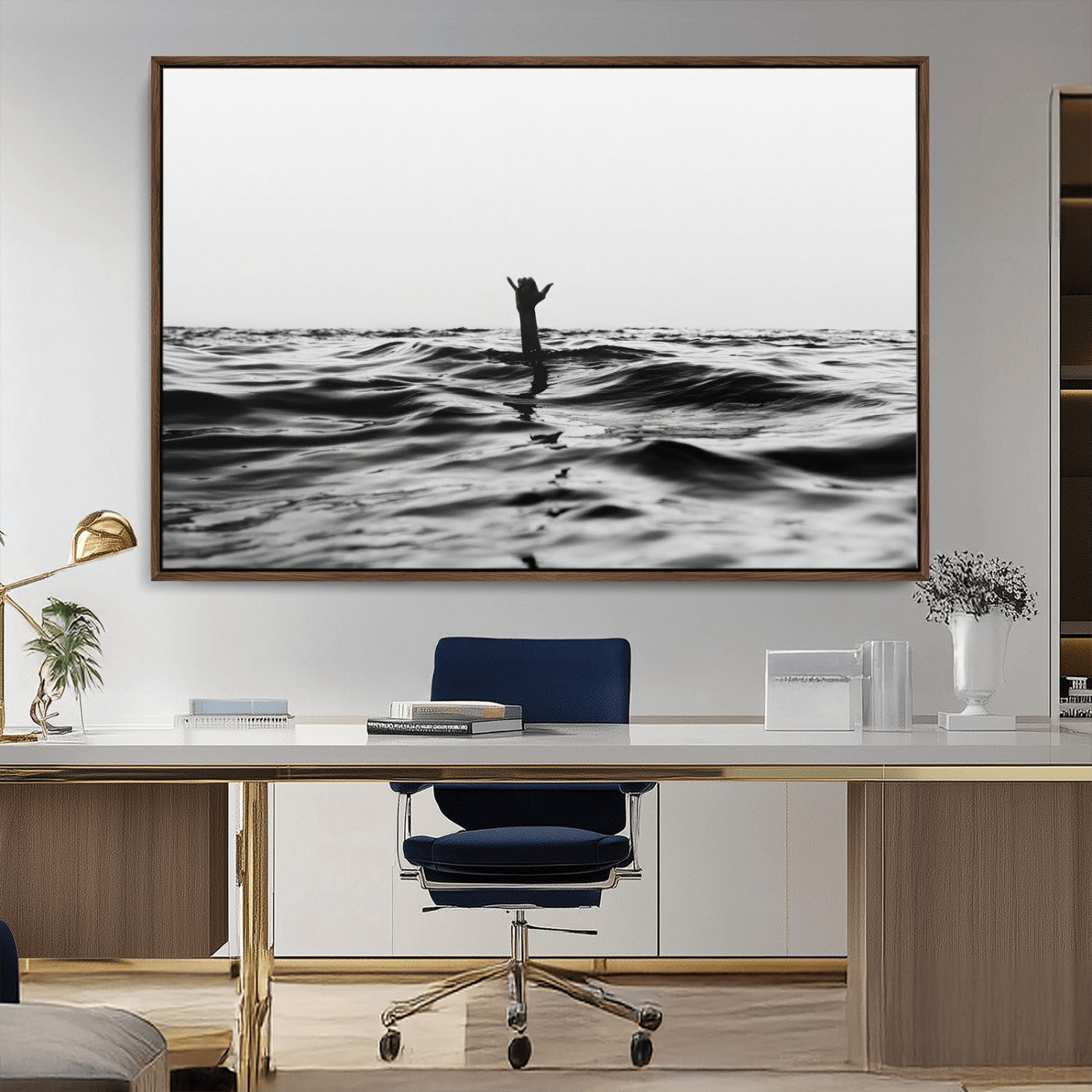 69541918-MGV-CV-36X24-Black White Ocean Wall Art Canvas Print, Framed Moody Seascape Art Picture Print, Surfer Sign Perfect Moody Minimalist Decor