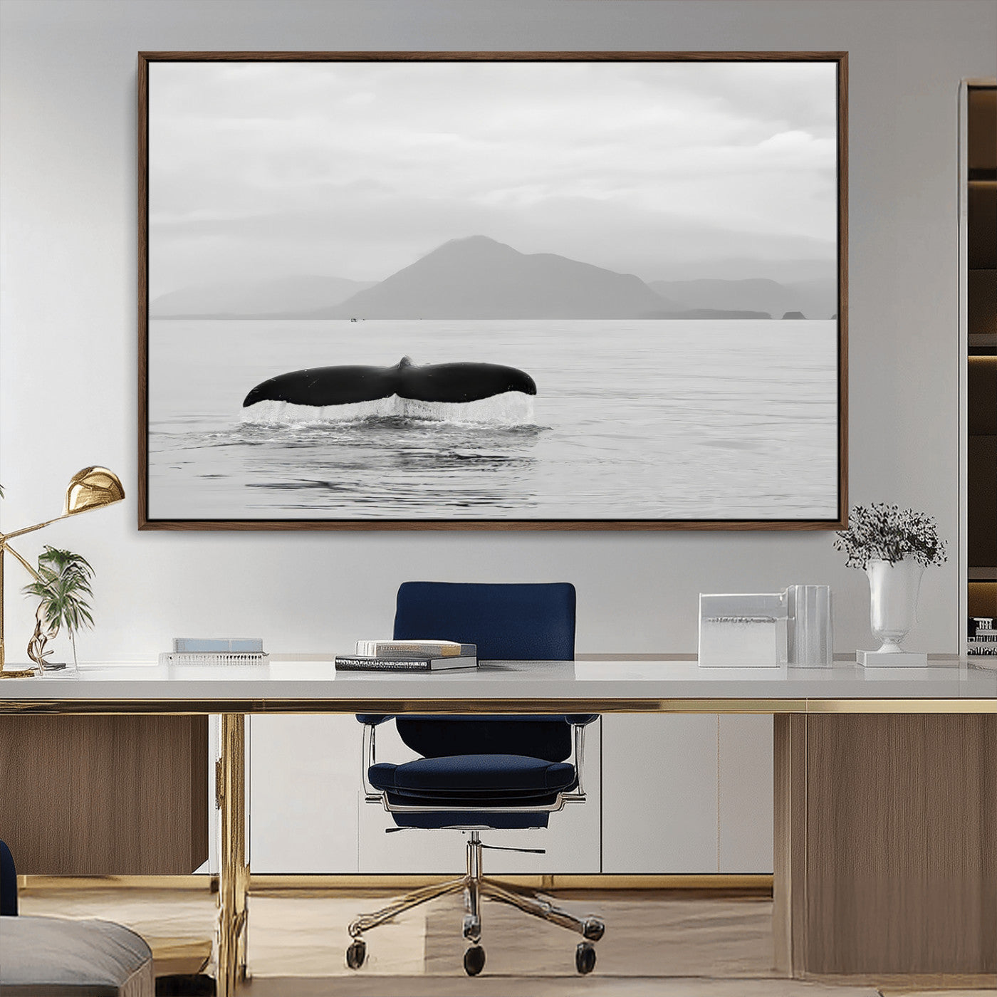 30524220-MGV-CV-36X24-Whale Tail Wall Art Canvas Print, Framed Black White Ocean Art Picture Print, Calm Marine Perfect Minimalist Coastal Decor Artwork