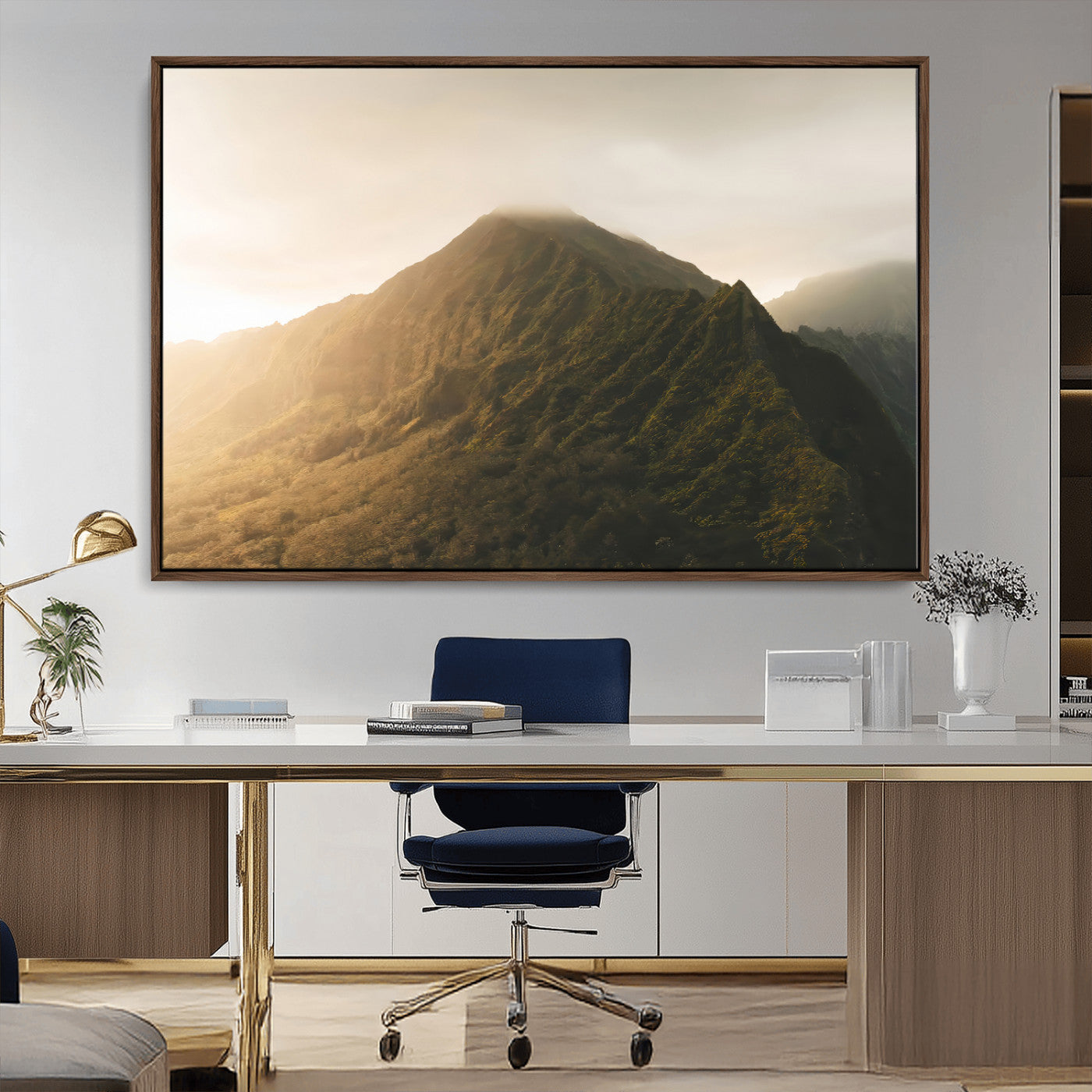 42338636-MGV-CV-36X24-Golden Mountain Wall Art Canvas Print, Framed Misty Summit Art Picture Print, Rugged Landscape Perfect Moody Wilderness Decor
