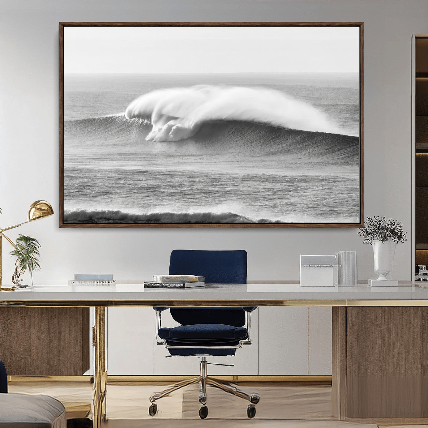 42544082-MGV-CV-36X24-Monochrome Seascape Wall Art Canvas Print, Framed Surf Wave Art Picture Print, Minimalist Ocean Perfect Moody Coastal Decor