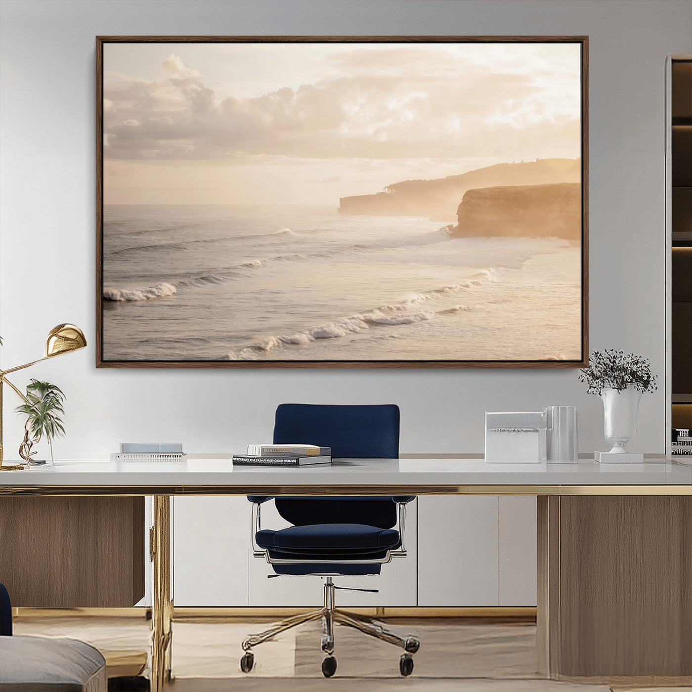 57669769-MGV-CV-36X24-Misty Coastal Wall Art Canvas Print, Framed Golden Sunset Art Picture Print, Serene Shoreline Perfect Tranquil Coastal Decor