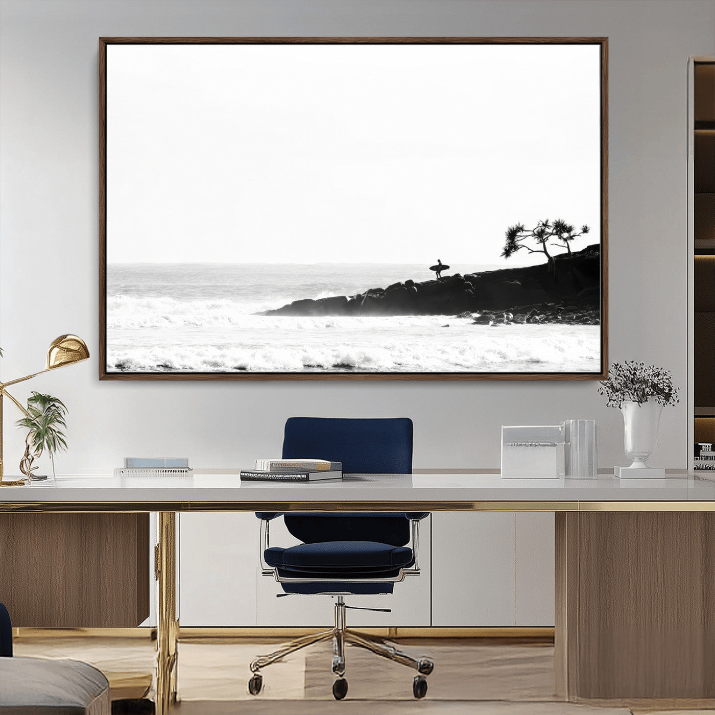 40875891-MGV-CV-36X24-SurferCliffs Wall Art Canvas Print, Framed Black White Beach Art Picture Print, Ocean Waves Perfect Minimalist Coastal Decor