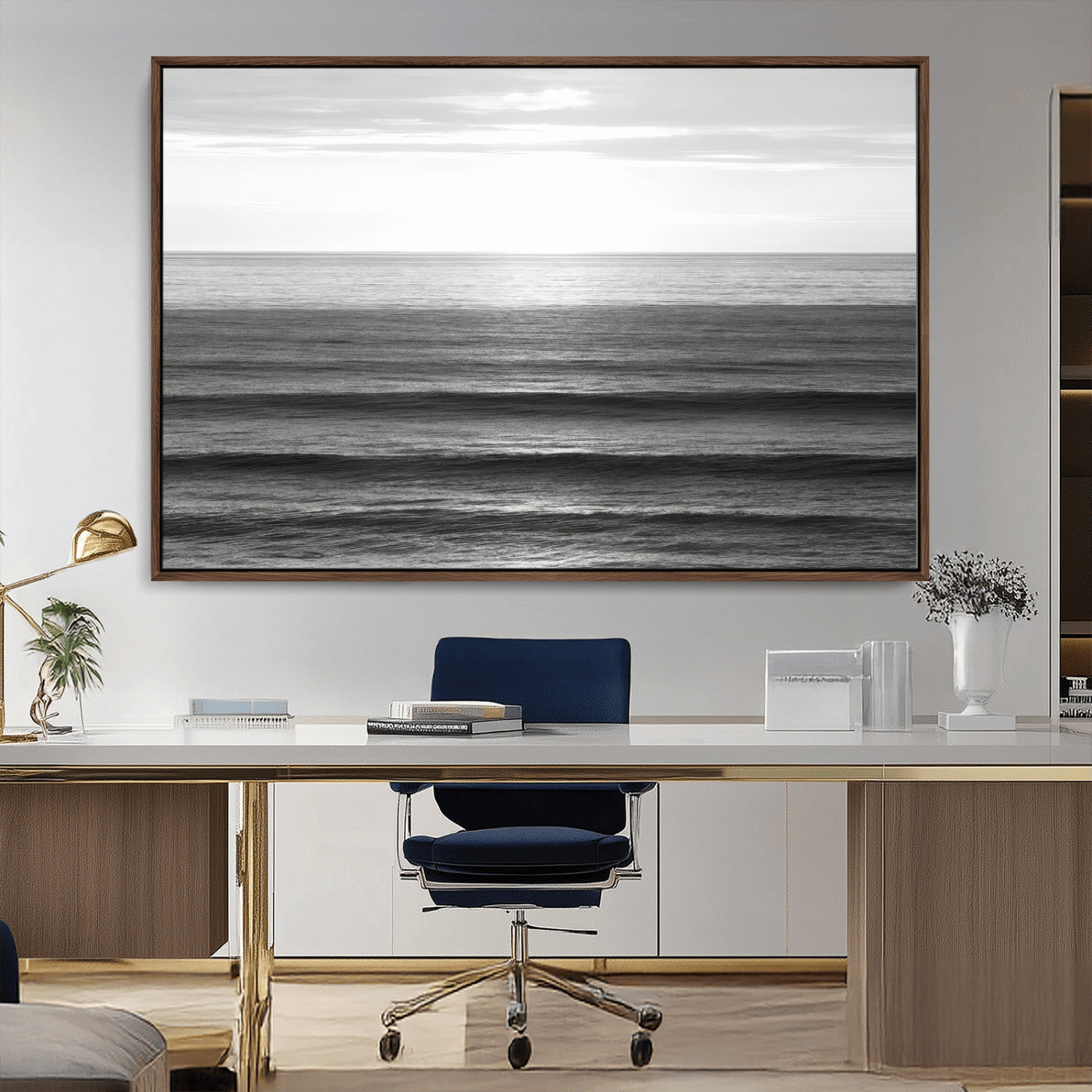 47305203-MGV-CV-36X24-Monochrome Ocean Wall Art Canvas Print, Framed Moody Ocean Art Picture Print, Calm Ocean Perfect Minimalist Coastal Decor Artwork