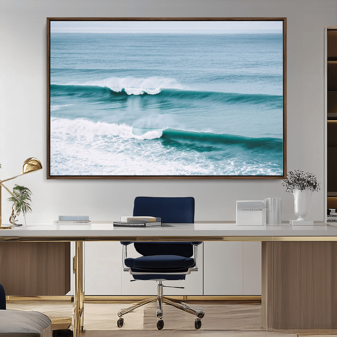 73692470-MGV-CV-36X24-Ocean Swell Wall Art Canvas Print, Framed Surf Waves Art Picture Print, Blue Water Perfect Coastal Dynamic Decor Artwork