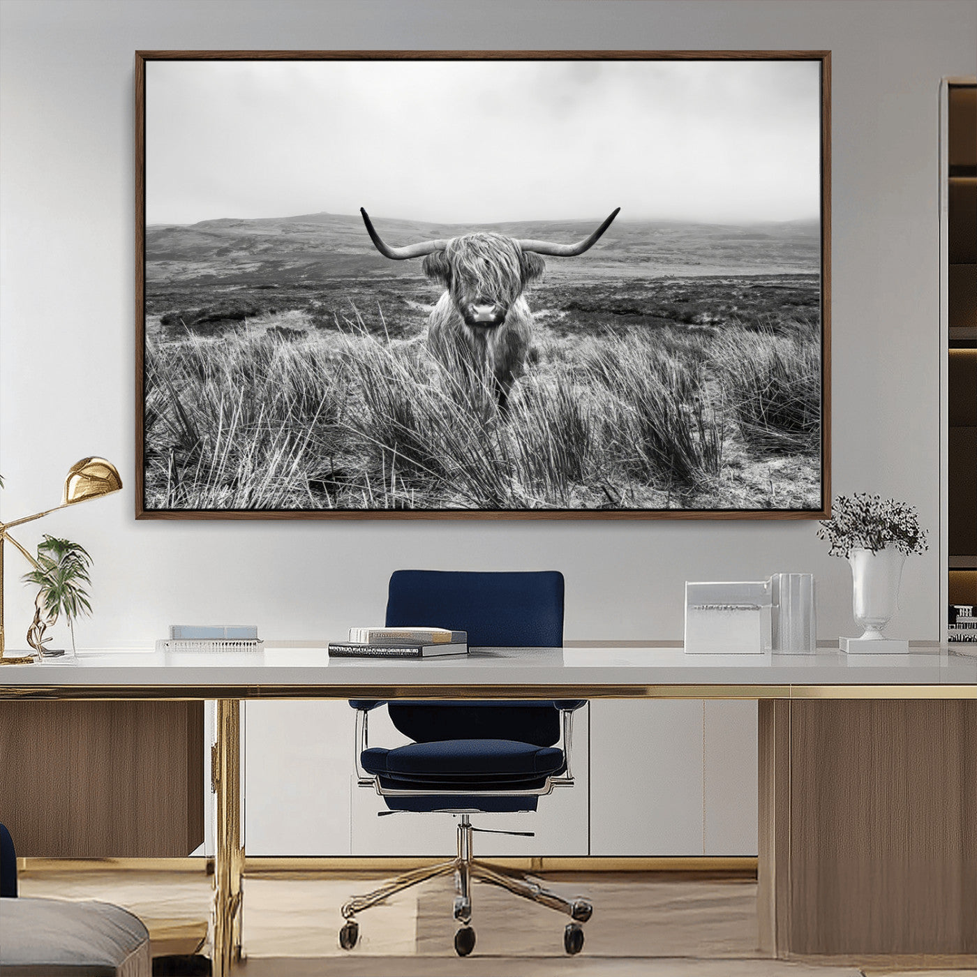 24051061-MGV-CV-36X24-Monochrome Highland Cow Wall Art Canvas Print, Framed Scottish Bull Art Picture Print, Lone Cattle Perfect Rustic Farmhouse Decor