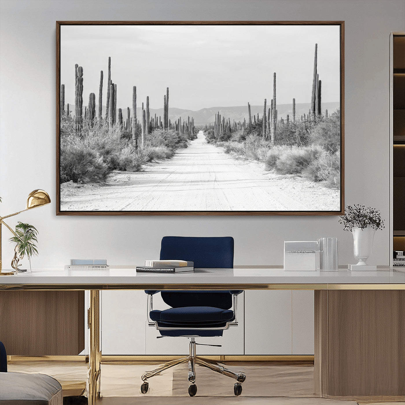 35537313-MGV-CV-36X24-Monochrome Desert Wall Art Canvas Print, Framed Cactus Path Art Picture Print, Southwestern Landscape Perfect Southwestern