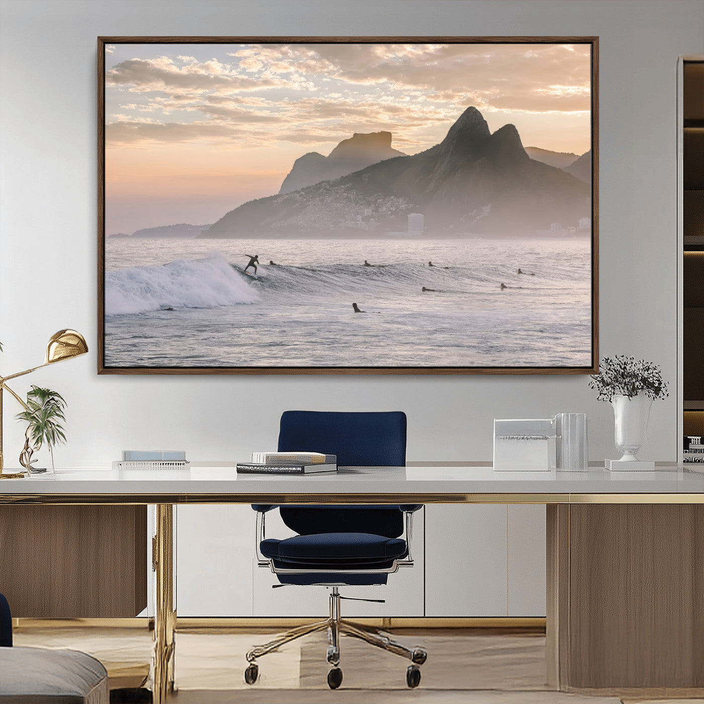 70644906-MGV-CV-36X24-Sunset Surfing Wall Art Canvas Print, Framed Misty Mountains Art Picture Print, Surfer Riding Wave Perfect Coastal Adventure Decor