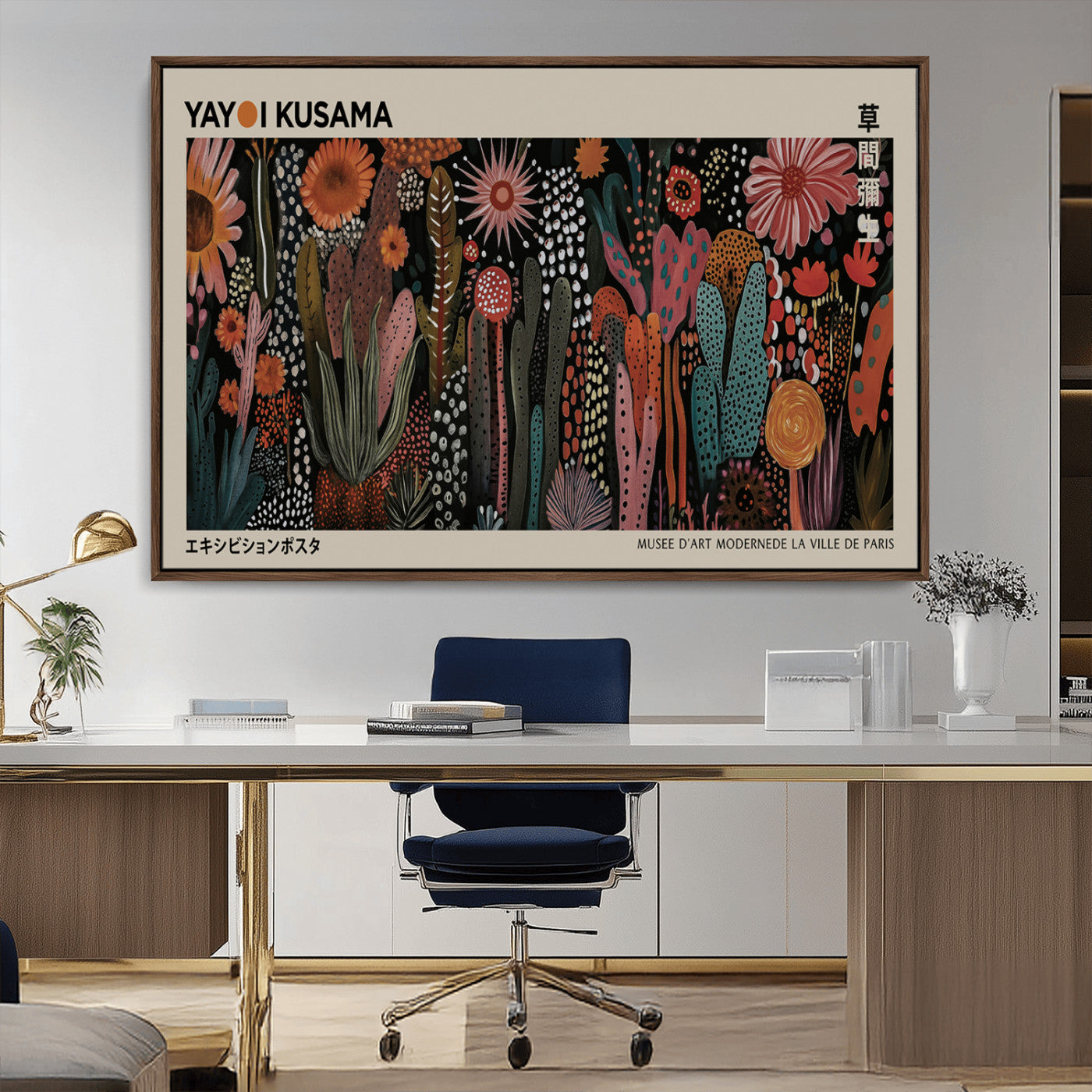 28344895-MGV-FC-36X24_Walnut-Dark Floral Abstract Wall Art Poster – Modern Botanical Canvas Print with Beige Border, Kusama Inspired Boho Flower Painting,