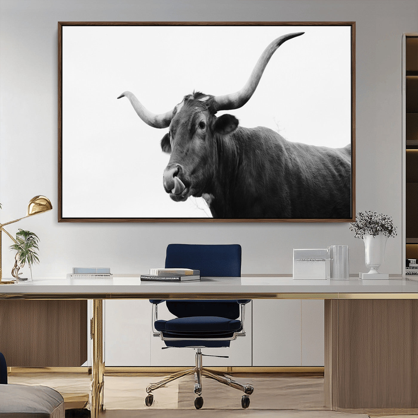 99244177-MGV-CV-36X24-Longhorn Photography Wall Art Canvas Print, Framed Western Cow Decor Art Picture Print, Black White Bull Perfect Modern Rustic