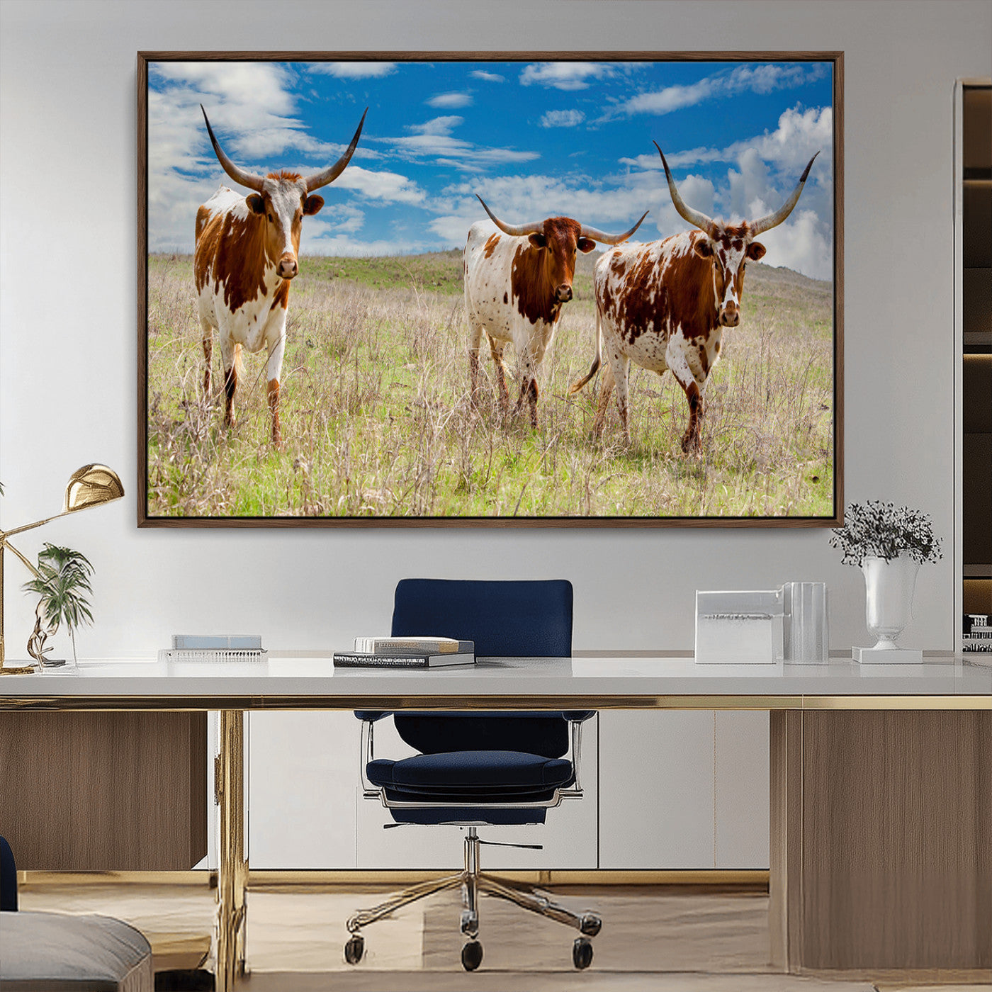 58099948-MGV-CV-36X24-Texas Longhorn Wall Art Canvas Print, Framed Western Decor Art Picture Print, Rustic Farmhouse Perfect Western Farmhouse Decor