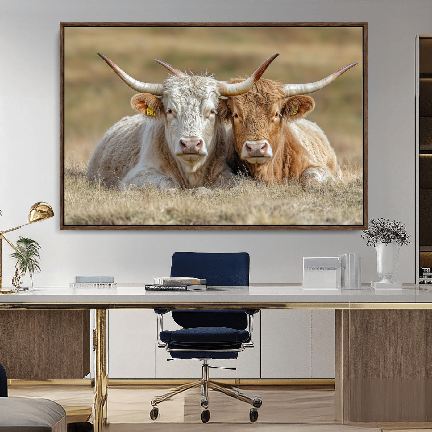 53388593-MGV-CV-36X24-Cow Photography Wall Art Canvas Print, Framed Rustic Animal Decor Art Picture Print, Texas Cow Pair Perfect Western Farmhouse