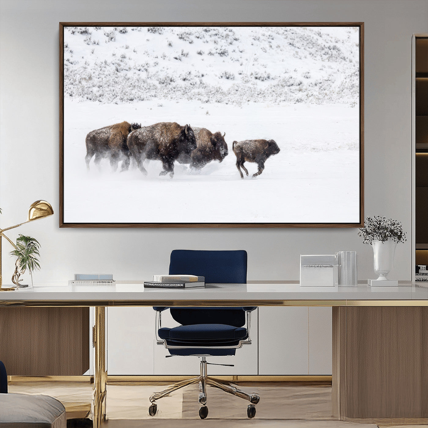 56216945-MGV-CV-36X24-Bison Herd Decor Wall Art Canvas Print, Framed Snowy Bison Scene Art Picture Print, Winter Wildlife Theme Perfect Rustic Western