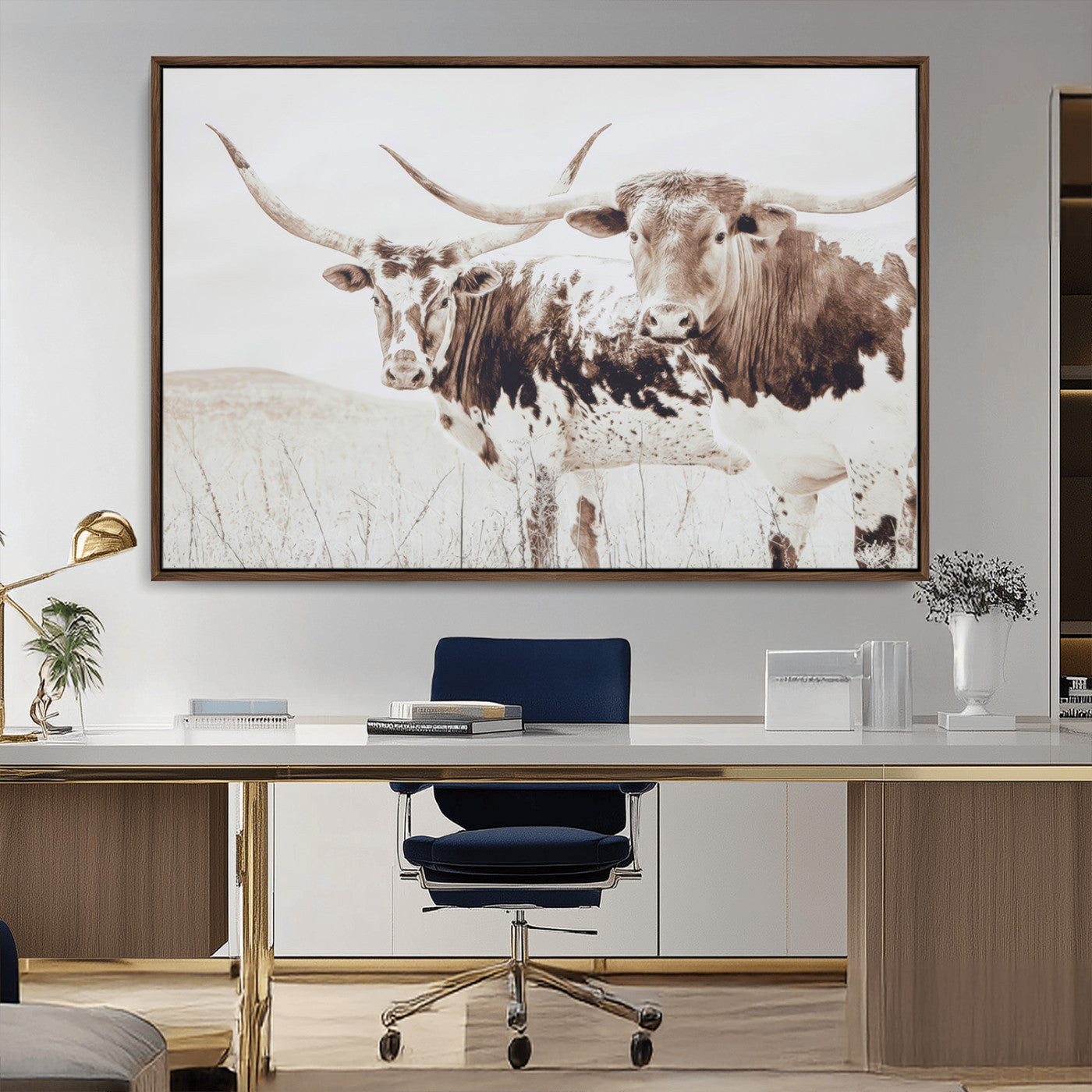48161868-MGV-CV-36X24-Longhorn Cow Decor Wall Art Canvas Print, Framed Rustic Cattle Art Picture Print, Sepia Western Vibe Perfect Neutral Rustic