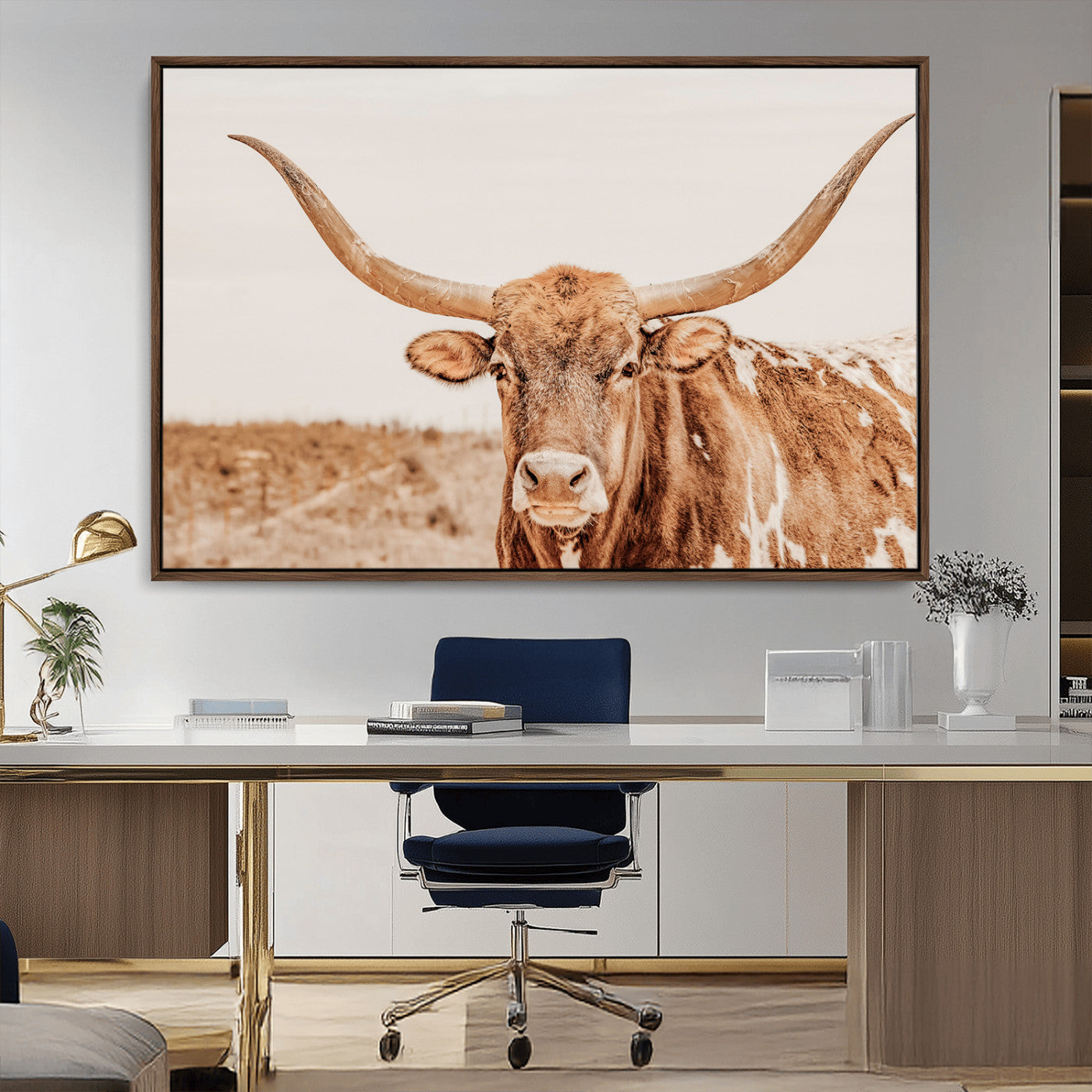 74406977-MGV-CV-36X24-Longhorn Bull Decor Wall Art Canvas Print, Framed Western Cow Theme Art Picture Print, Rustic Farmhouse Wall Perfect Neutral