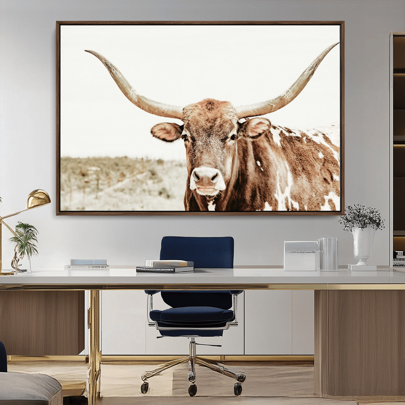 98924580-MGV-CV-36X24-Texas Longhorn Bull Wall Art Canvas Print, Framed Rustic Farmhouse Decor Art Picture Print, Western Animal Theme Perfect Rustic