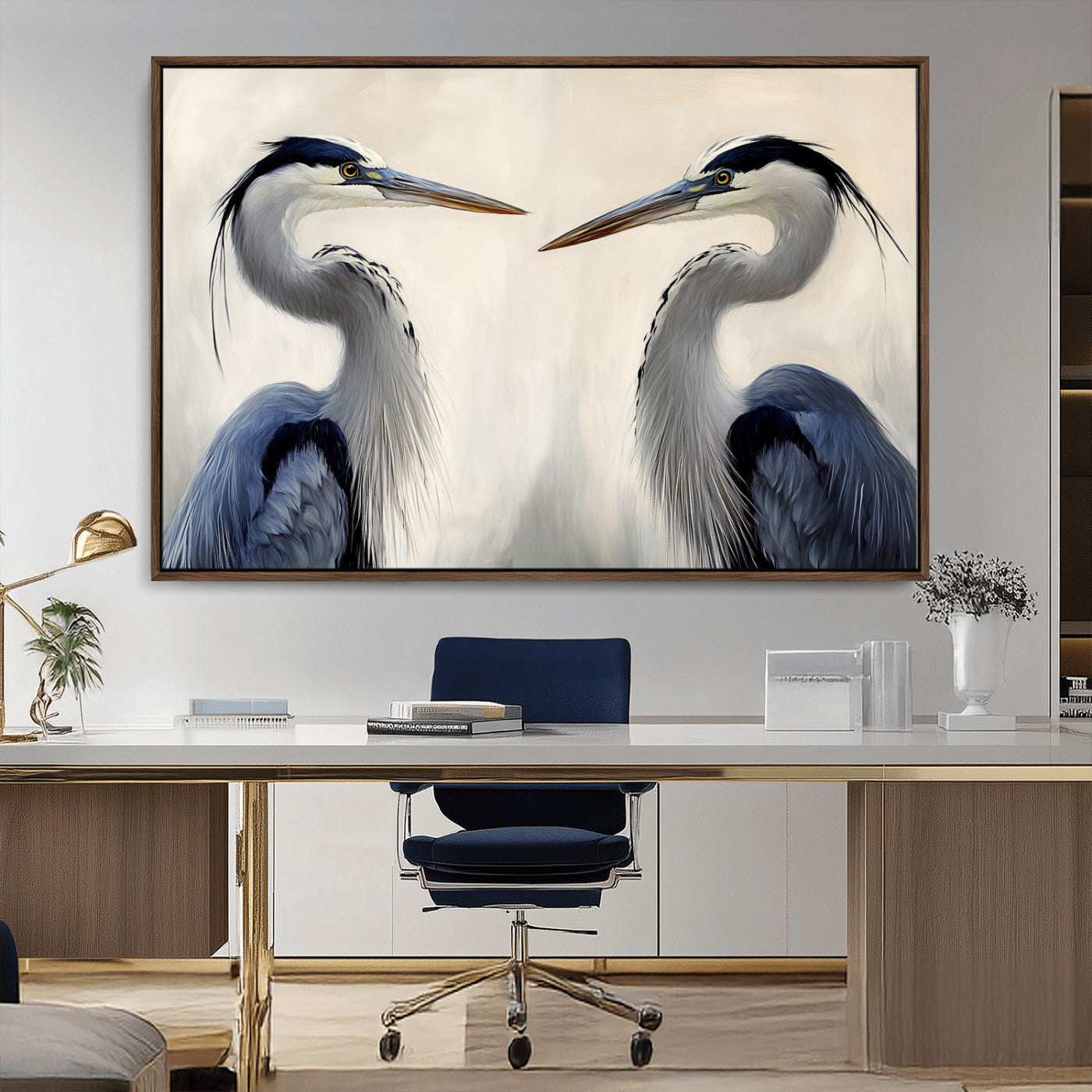 18230556-MGV-CV-36X24-Blue Heron Pair Wall Art Canvas Print, Framed Coastal Bird Theme Art Picture Print, Tranquil Wildlife Scene Perfect Coastal