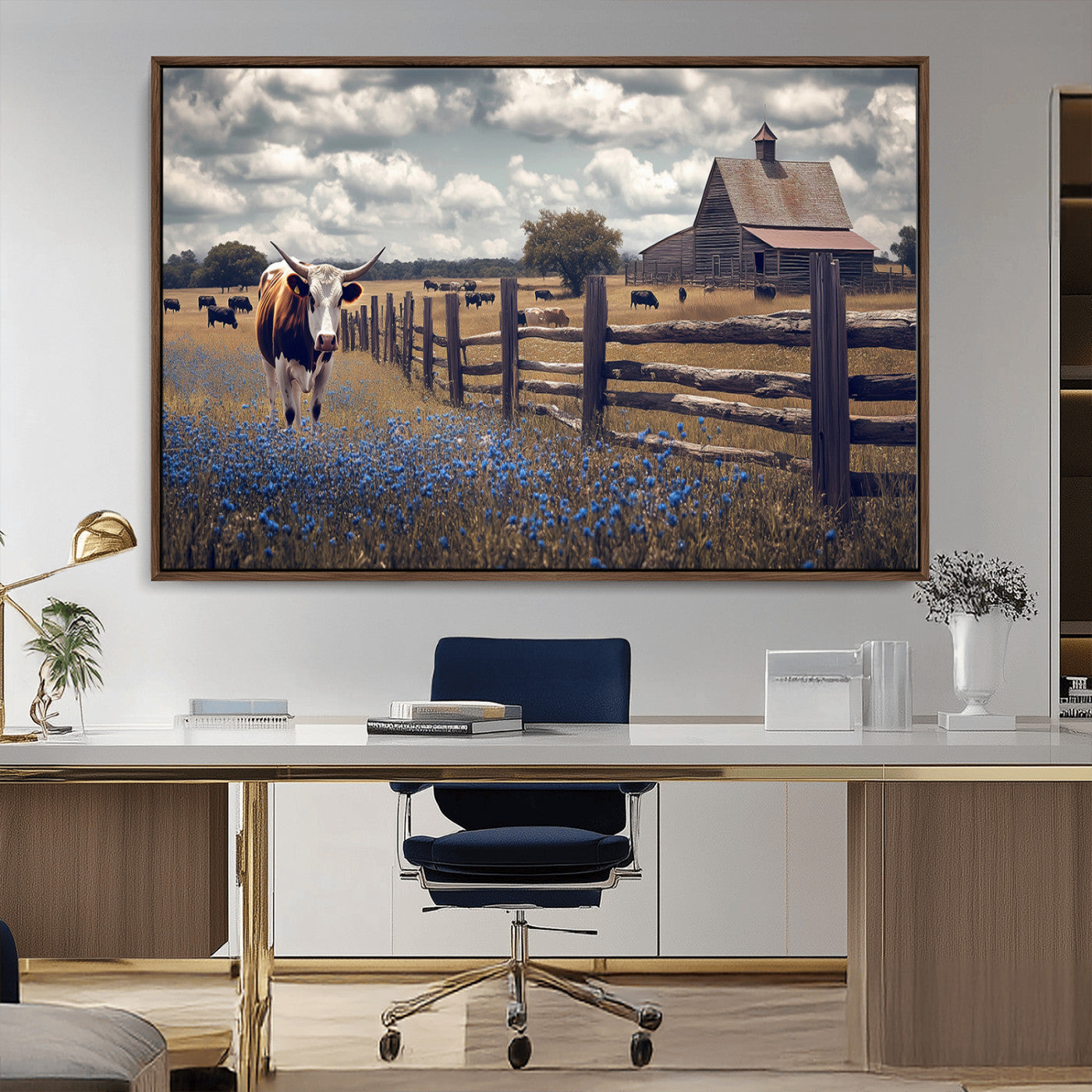 22296025-MGV-CV-36X24-Texas Longhorn Canvas Wall Art Canvas Print, Framed Rustic Barn Wall Art Art Picture Print, Farmhouse Cow Decor Perfect Rustic