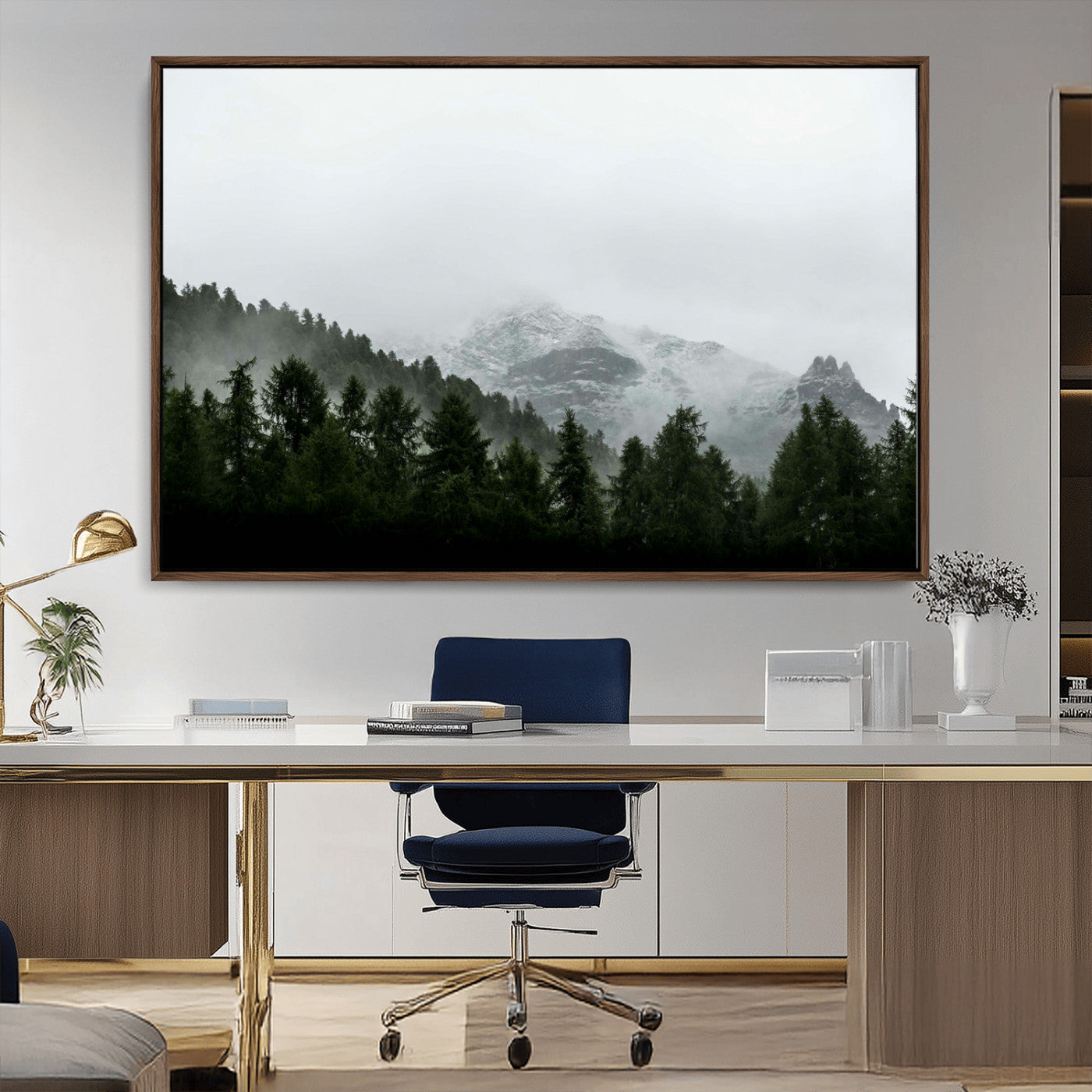 55968349-MGV-CV-36X24-Misty Mountains Wall Art Canvas Print, Framed Foggy Forest Art Picture Print, Snowy Peaks Perfect Moody Wilderness Decor Artwork