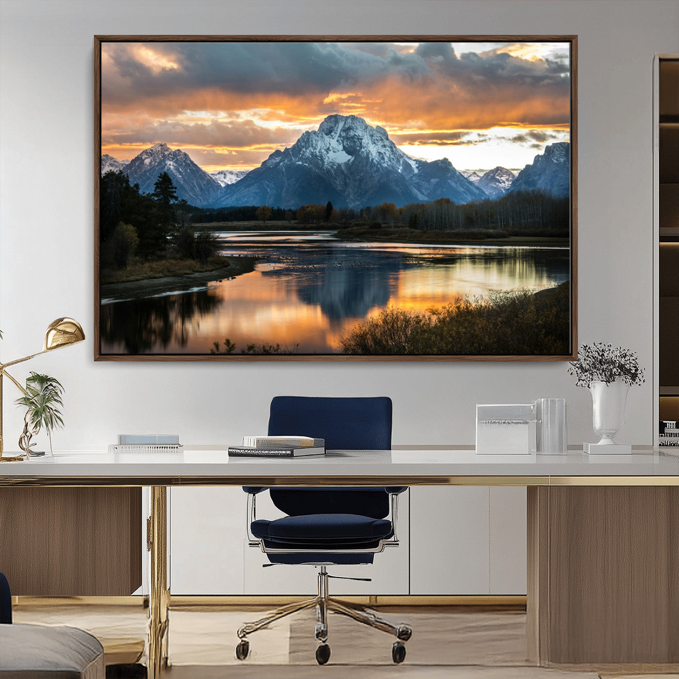 14130176-MGV-CV-36X24-Mountain Sunset Wall Art Canvas Print, Framed Alpine Wilderness Art Picture Print, Golden Hour Perfect Rustic Wilderness Decor