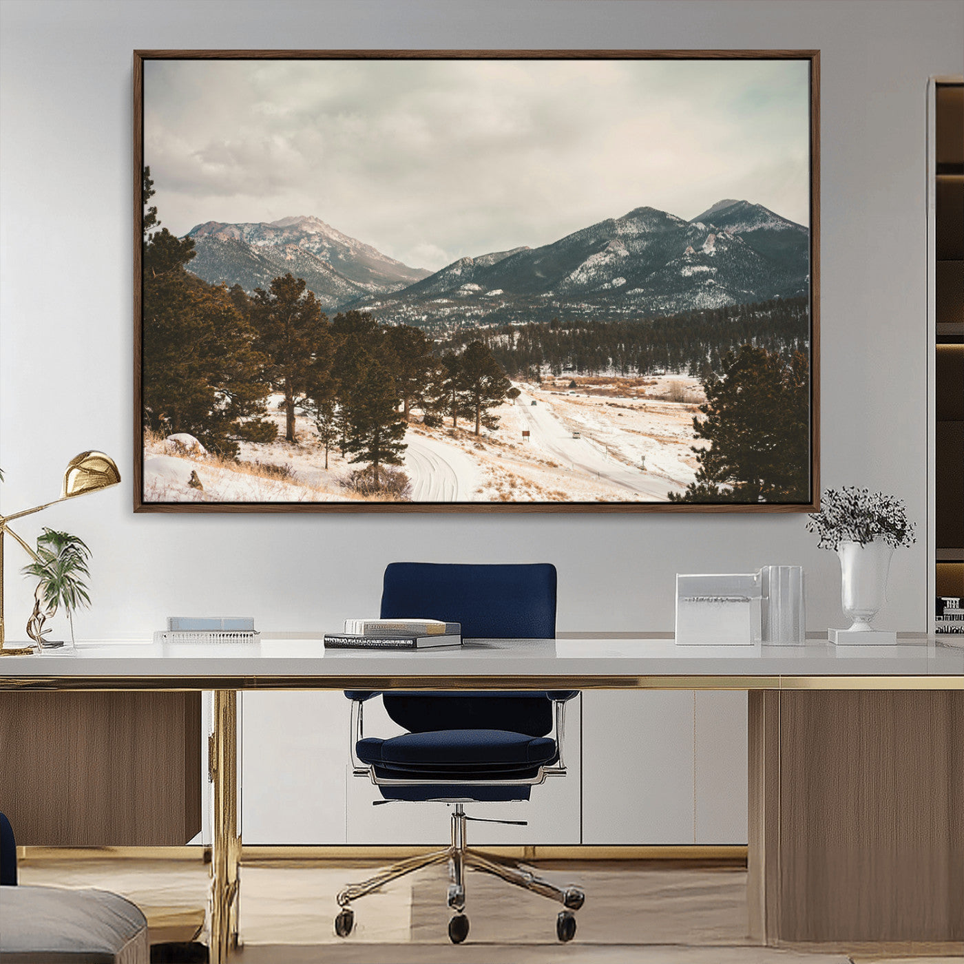77311749-MGV-CV-36X24-Mountain Landscape Wall Art Canvas Print, Framed Snowy Peaks Art Picture Print, Alpine Aesthetic Perfect Rustic Winter Decor