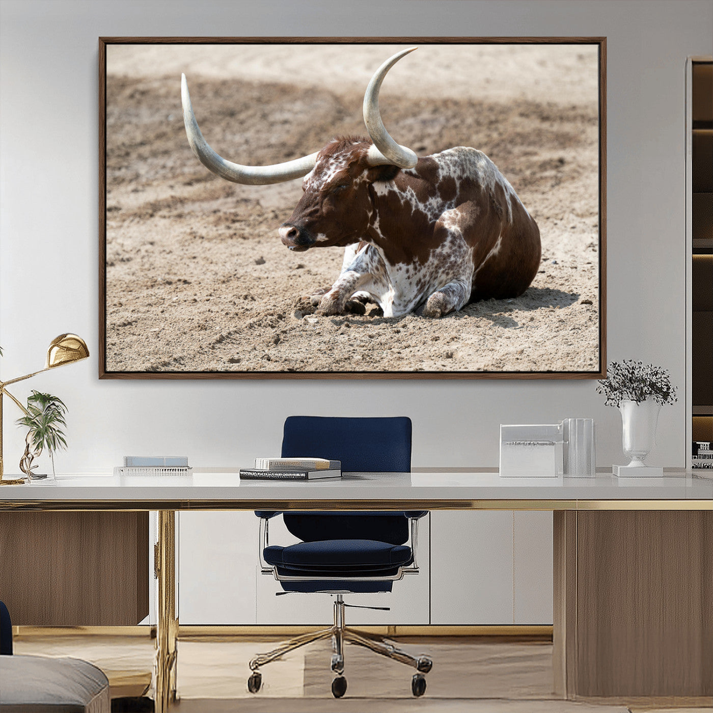 76549210-MGV-CV-36X24-Texas Longhorn Wall Art Canvas Print, Framed Country Living Art Picture Print, Farmhouse Aesthetic Perfect Western Rustic Decor