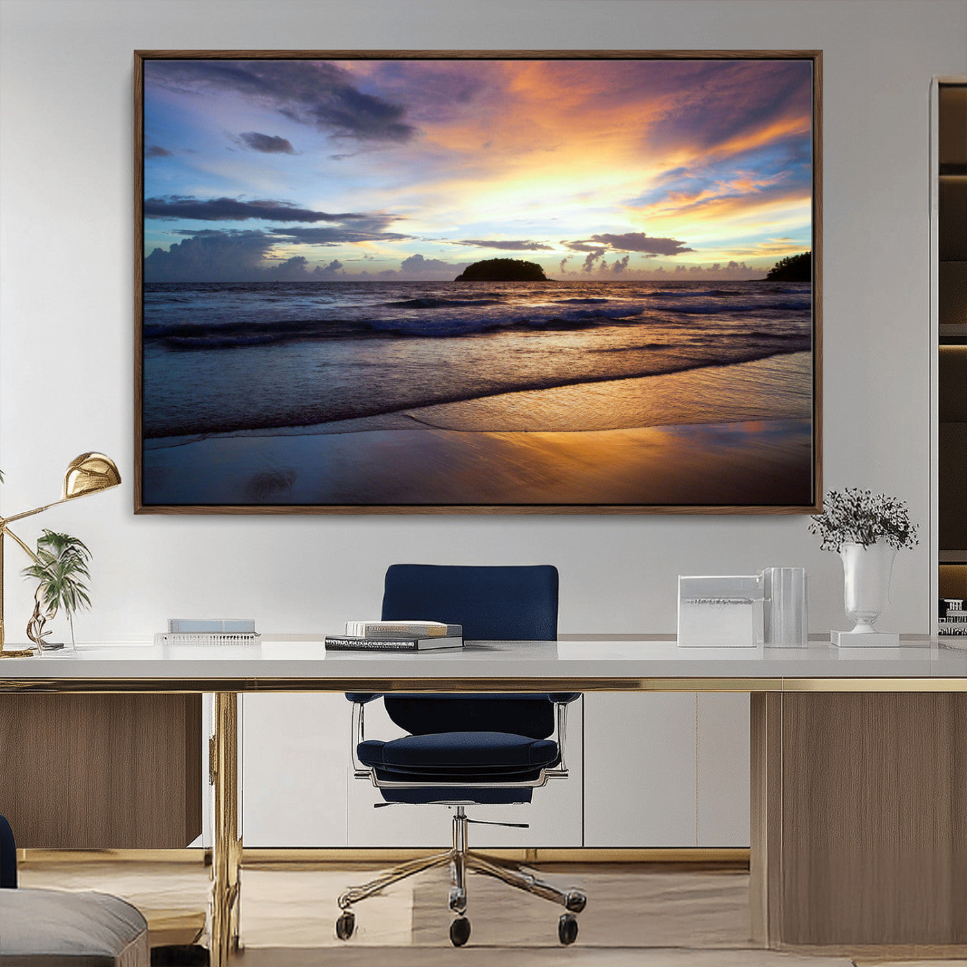 36714356-MGV-CV-36X24-Beach Sunset Wall Art Canvas Print, Framed Ocean Waves Art Picture Print, Tropical Seascape Perfect Coastal Serenity Decor Artwork