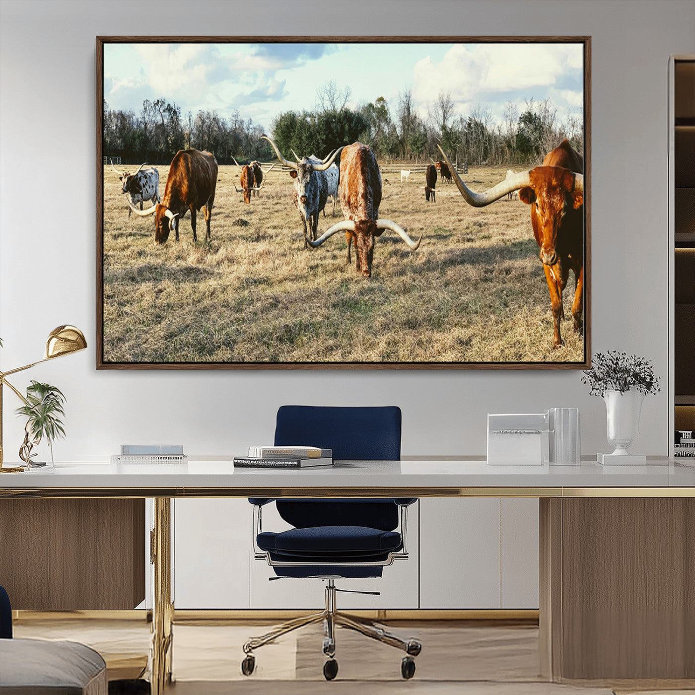 39144651-MGV-CV-36X24-Texas Longhorns Wall Art Canvas Print, Framed Rustic Farm Scene Art Picture Print, Western Cattle Perfect Rustic Farmhouse Decor