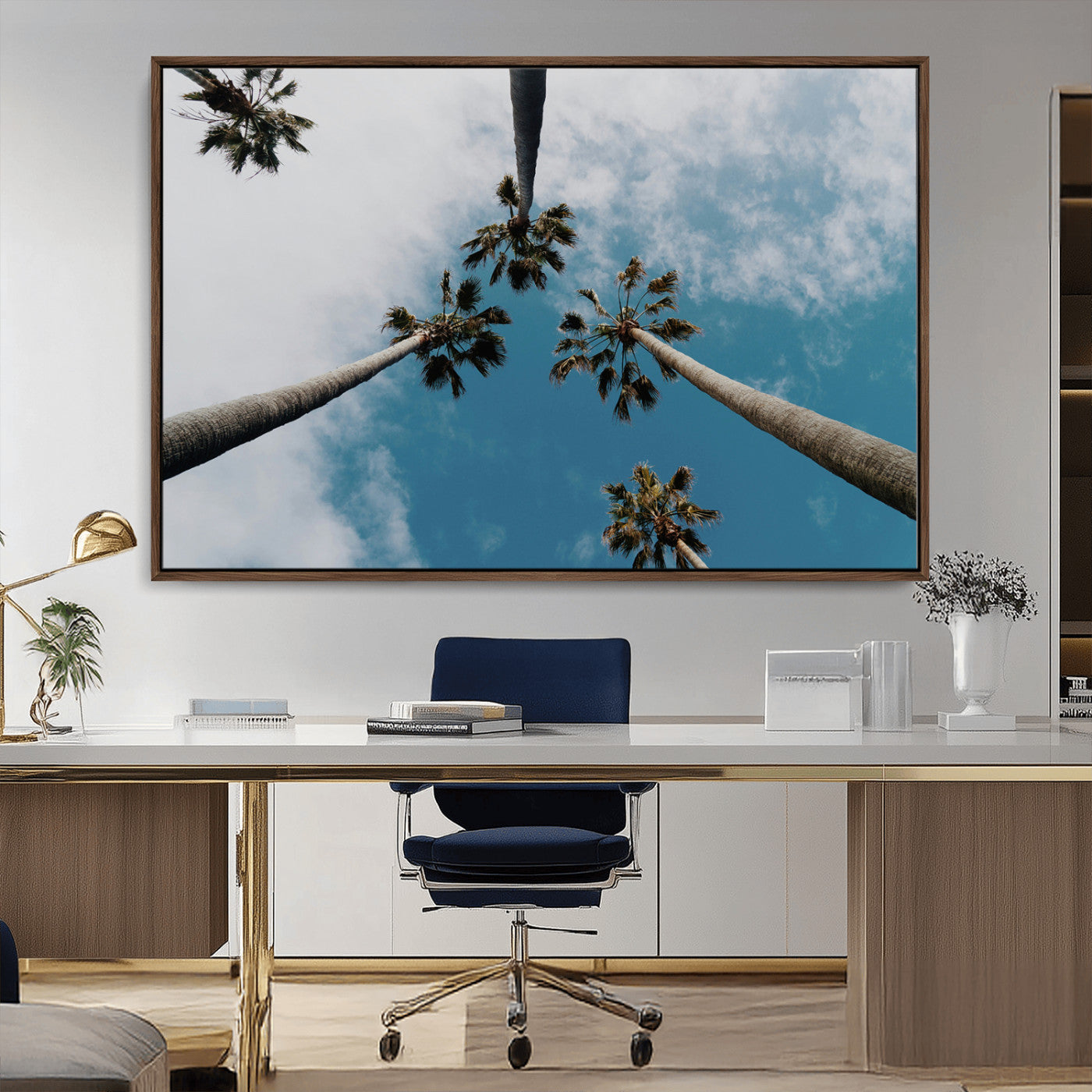 45236398-MGV-CV-36X24-Tropical Palm Trees Wall Art Canvas Print, Framed California Sky Art Picture Print, Minimalist Nature Perfect Coastal Minimalist