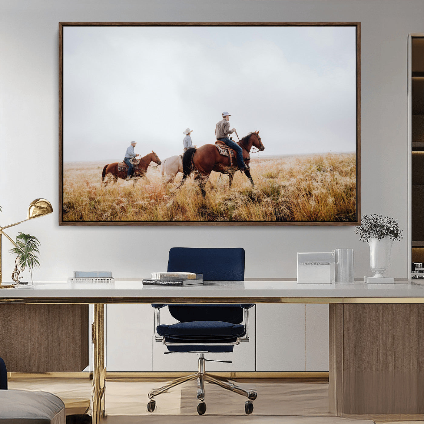 94723307-MGV-FC-36X24_Walnut-Western Cowboys Wall Art Canvas Print, Framed Rustic Prairie Art Picture Print, Horseback Riding Perfect Rustic Western Decor