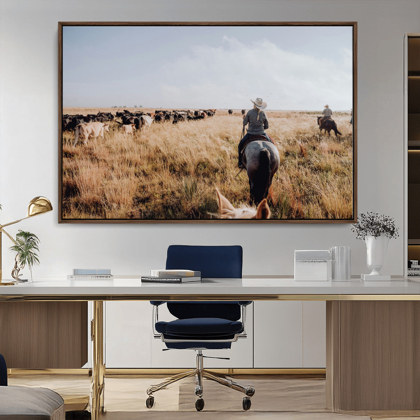 22431577-MGV-CV-36X24-Western Wall Art Wall Art Canvas Print, Framed Cowboy Canvas Art Picture Print, Cattle Drive Scene Perfect Rustic Western Decor