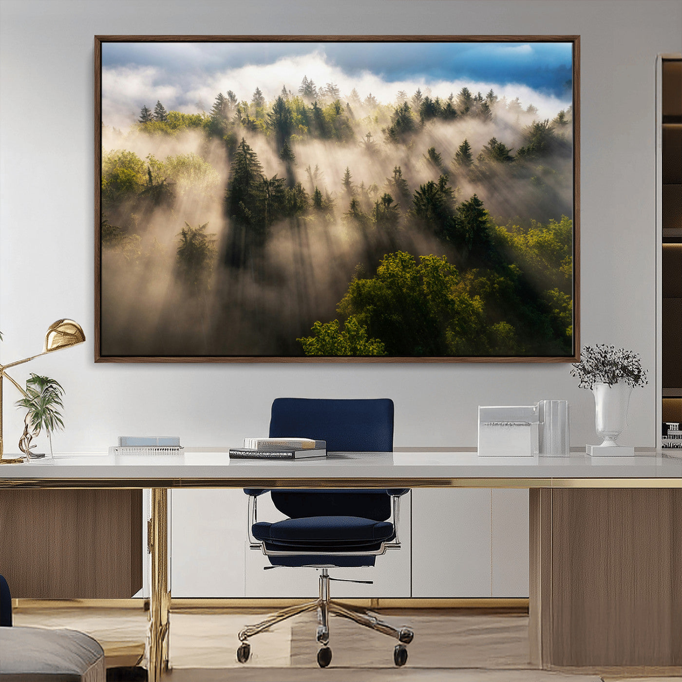 14785710-MGV-CV-36X24-Tranquil Forest Scene Wall Art Canvas Print, Framed Sunbeam Through Trees Art Picture Print, Moody Green Wall Art Perfect