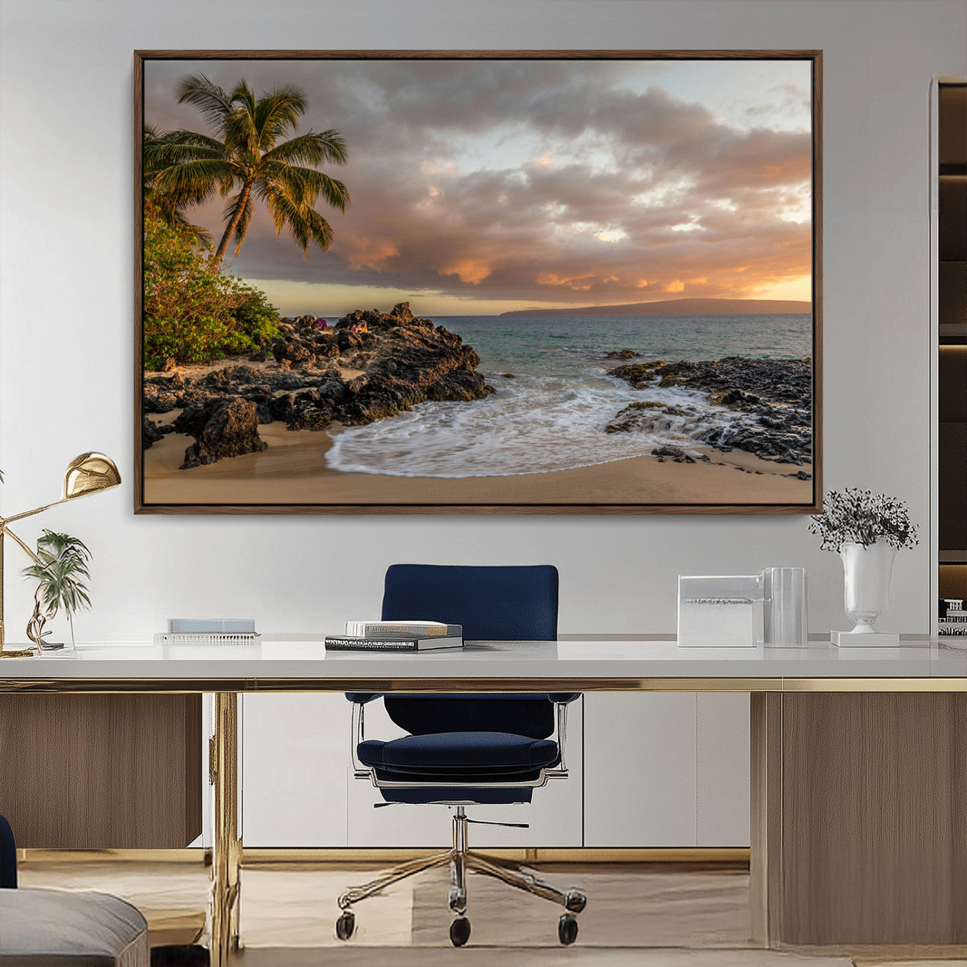 55108220-MGV-CV-36X24-Tropical Beach Wall Art Canvas Print, Framed Hawaiian Sunset Art Picture Print, Ocean Waves Perfect Coastal Tropical Decor Artwork