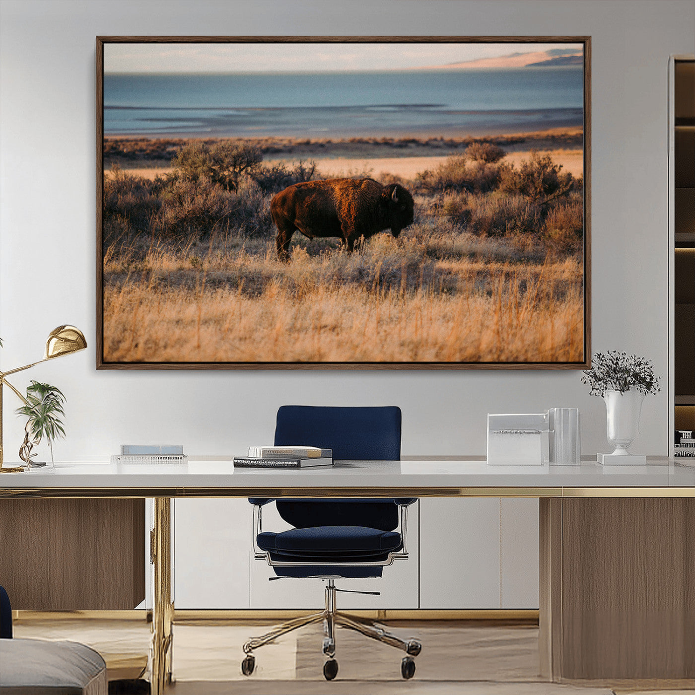 39509187-MGV-CV-36X24-Western Wildlife Wall Art Canvas Print, Framed Bison Art Picture Print, Golden Hour Perfect Western Rustic Decor Artwork
